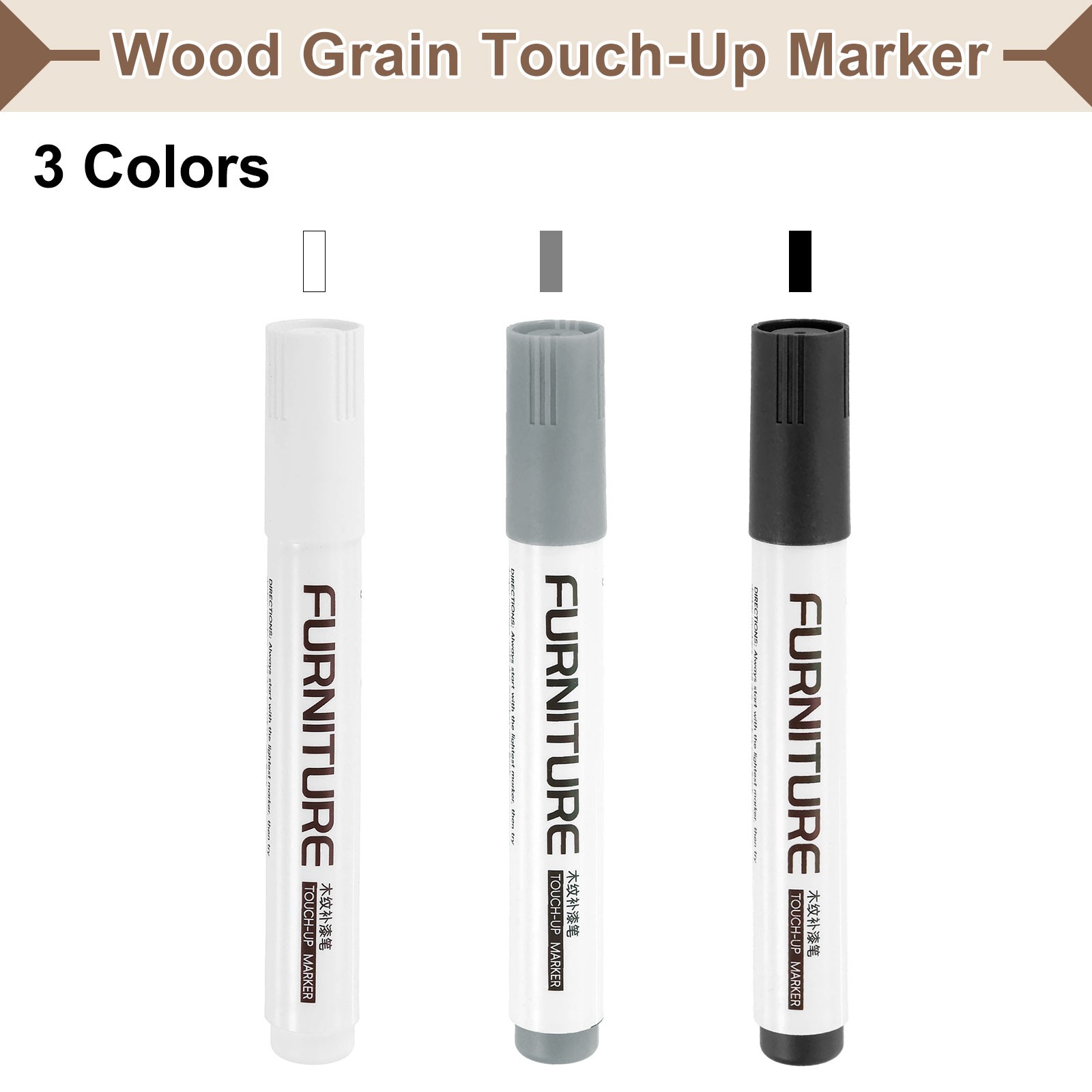Furniture Repair Kit, 3 Pens Black/White/Grey