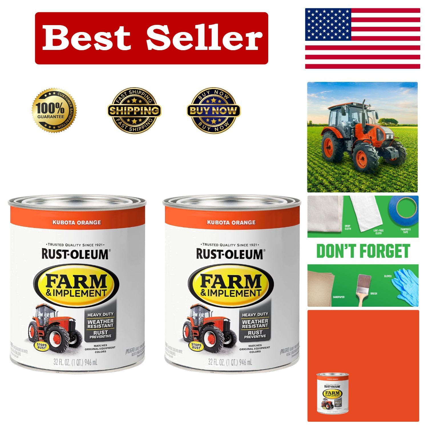 280159-2PK Farm & Implement Enamel Paint, Quart, Kubota Orange, 32 Fl Oz (Pack o