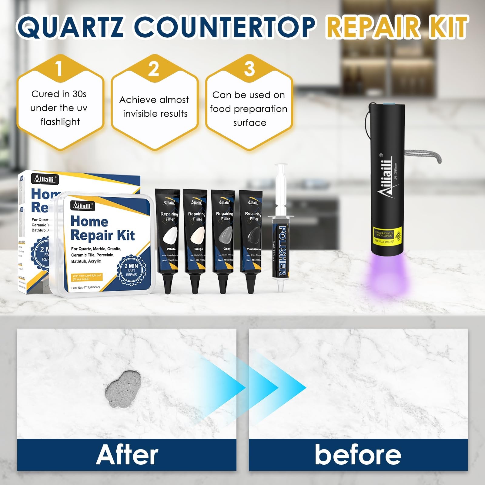 Quartz Countertop Repair Kit for Chips, Cracks, Scratches on Marble Granite