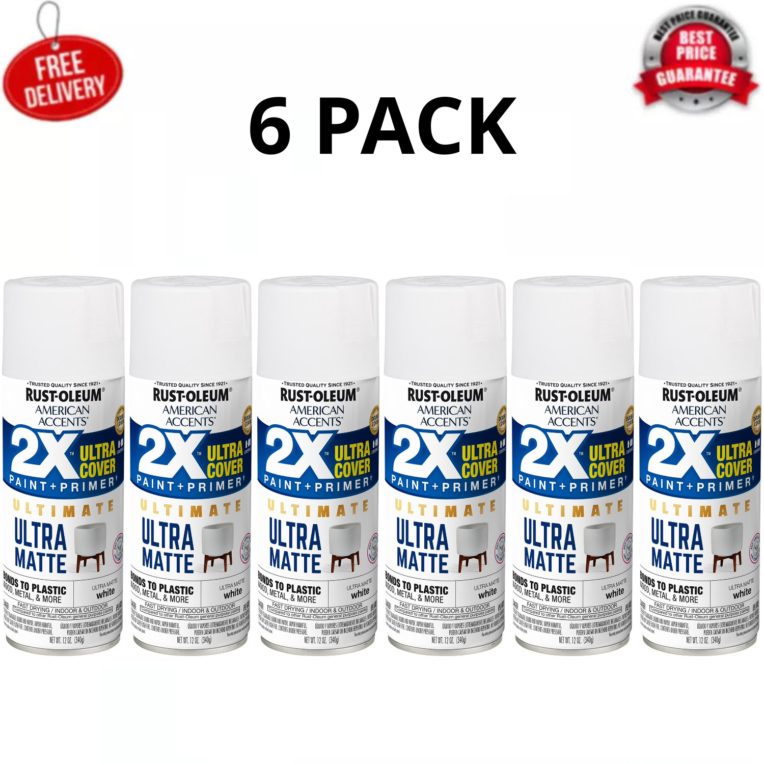 Rust-Oleum American Accents 2X Ultra Matte White Spray Paint 12oz, 6 Pack