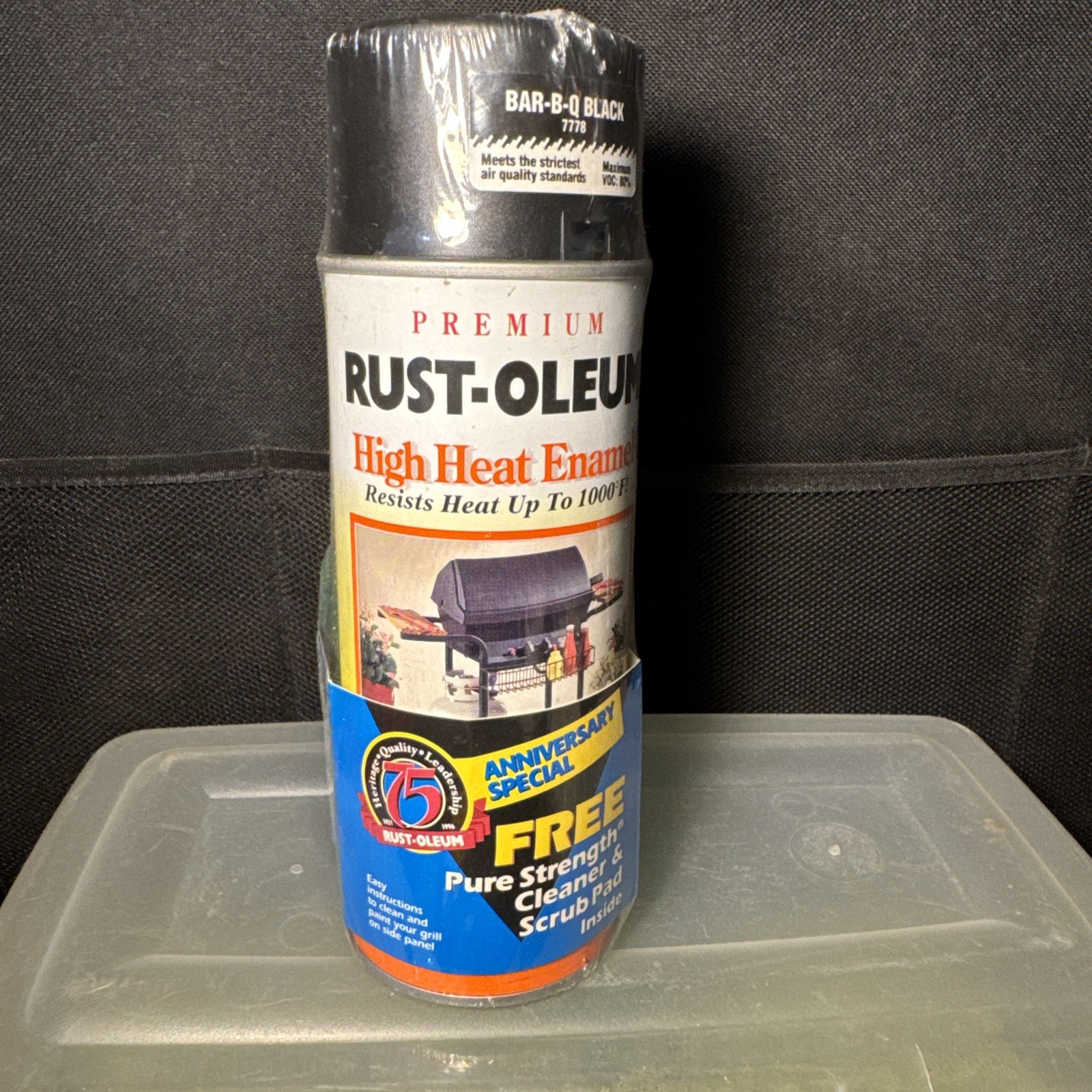 VTG RUSTOLEUM BAR-B-QUE BLACK HIGH HEAT ENAMEL SPRAY PAINT CAN/SCOTCH-BRITE PAD