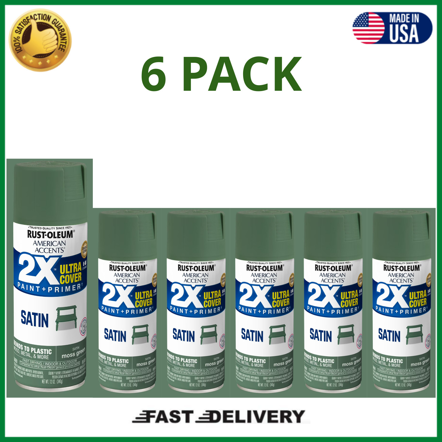Rust-Oleum 2X Ultra Cover Satin Spray Paint Moss Green 12oz, 6 Pack