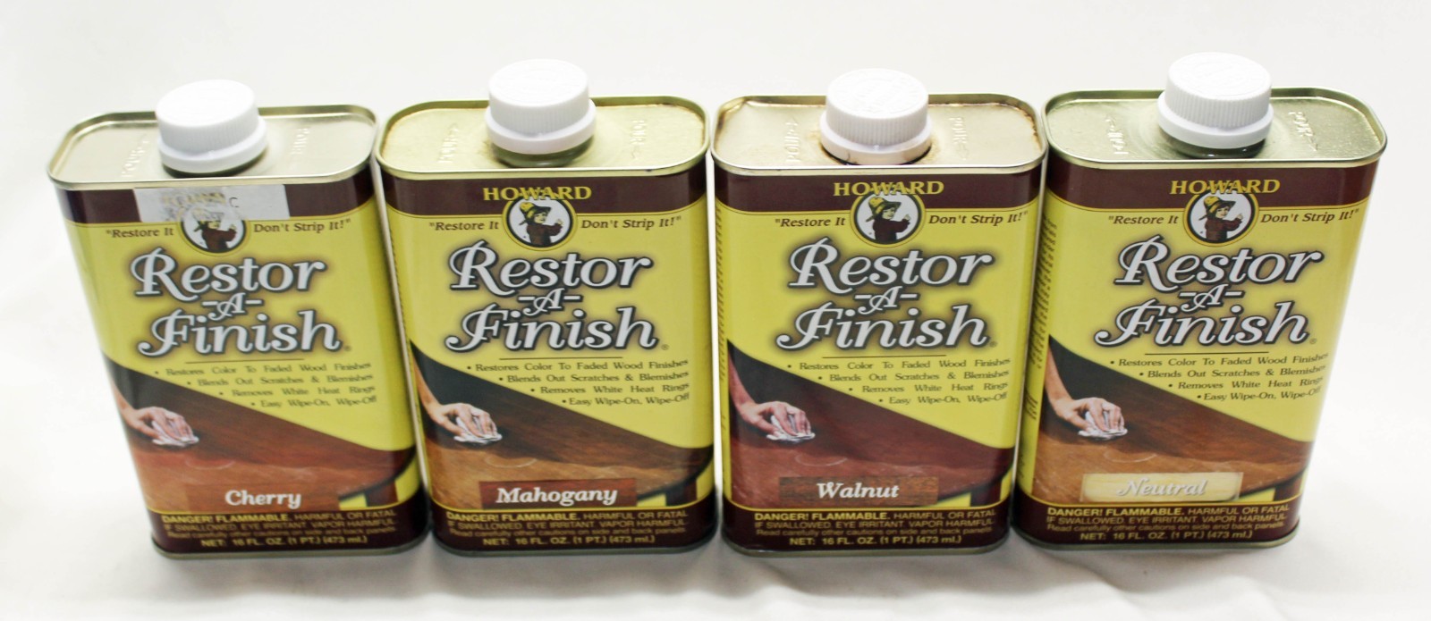 4 Cans Howard’s Restor-A-Finish – 2 New & 2 Partially Used – Details in Text R