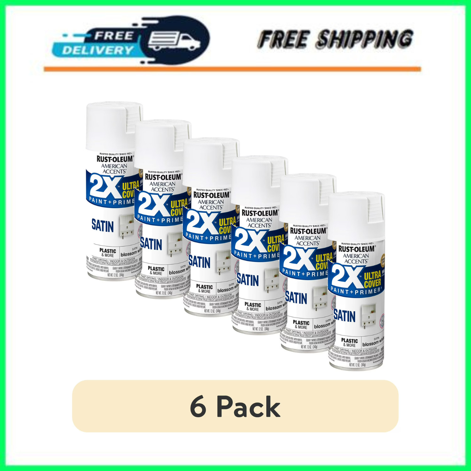Rust-Oleum American Accents 2X Ultra Cover Satin Spray Paint Blossom White 6 PK