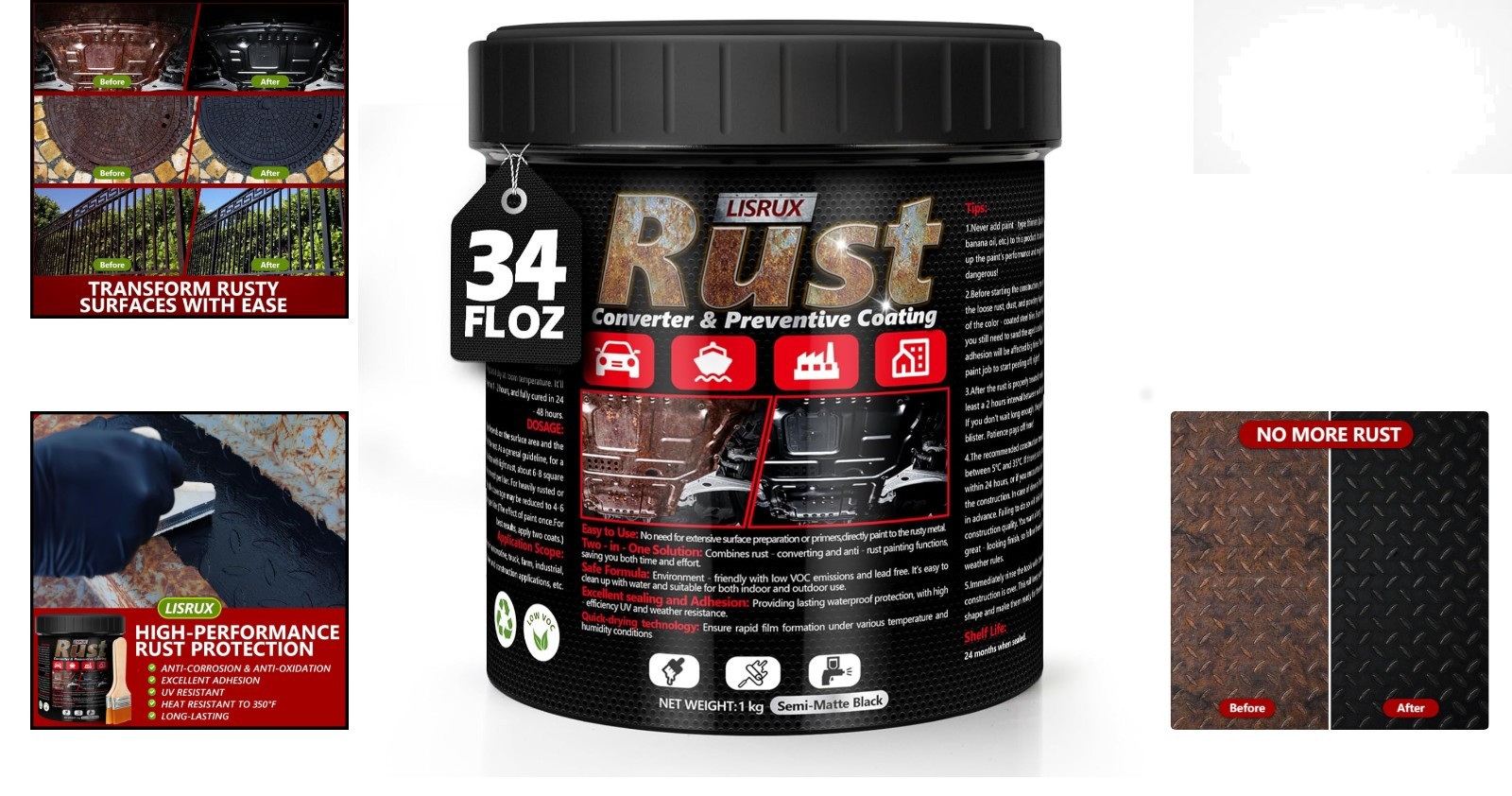 Easy Apply 4-in-1 Rust Converter & Primer – Black 34 Fl Oz for Metal Protection