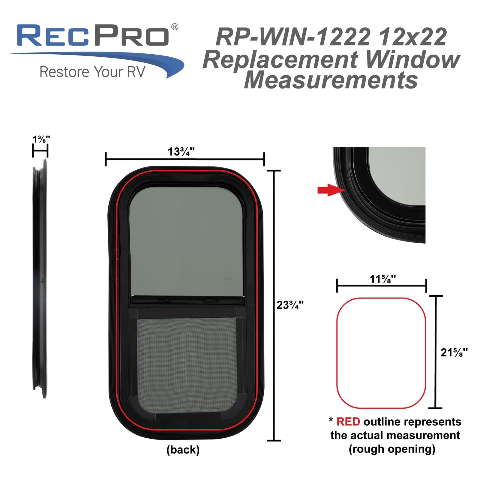 Recpro Rv Window 12W X 22H Teardrop Style Vertical Sliding Rv Window