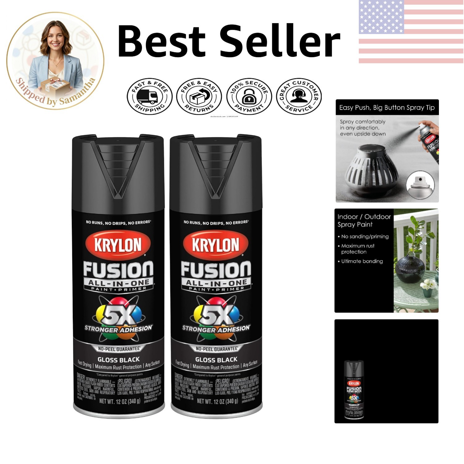 K0007 Fusion All-In-One Gloss Black Spray Paint, 12oz Pack of 2 – Rust Resistant
