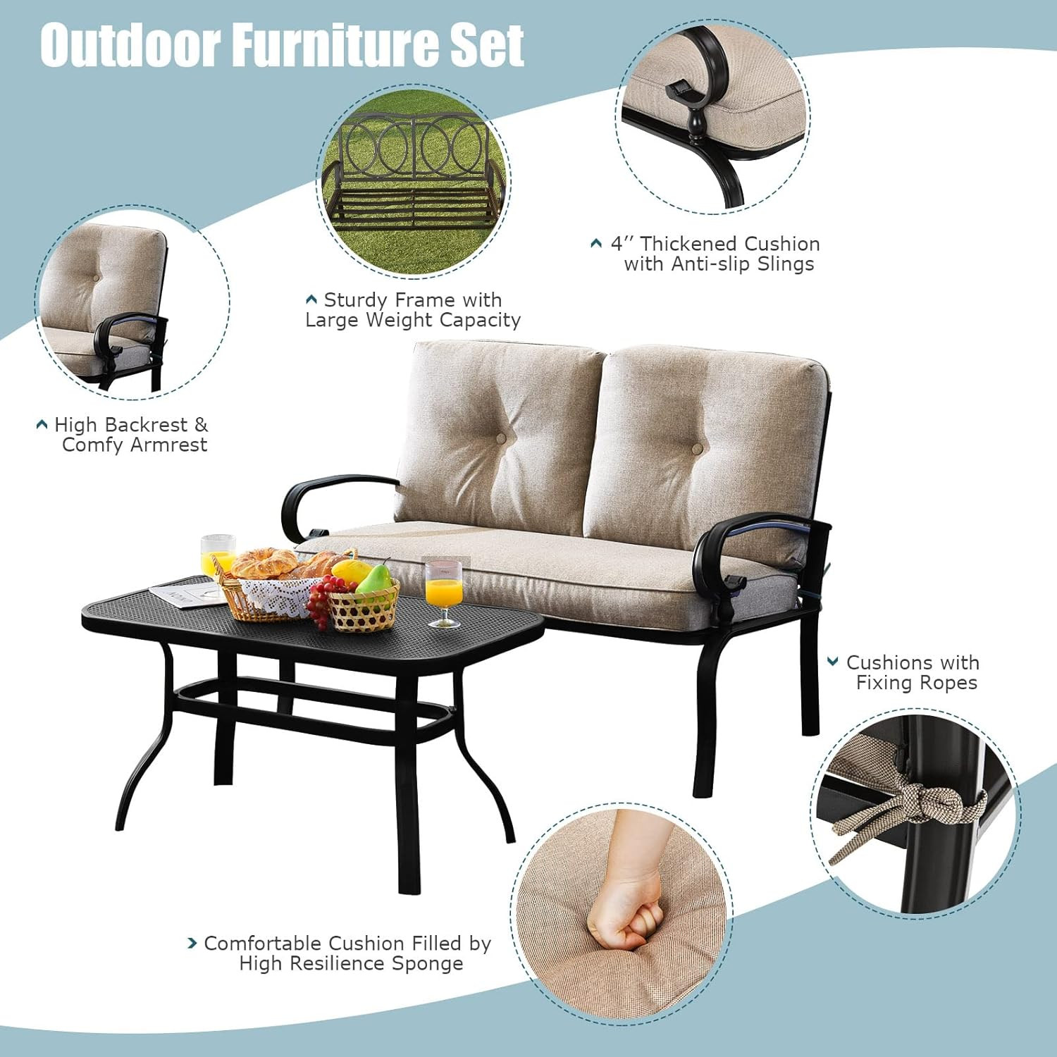 Patio Loveseat with Table Set, 2 Seat Cushioned Sofa with Coffee Table, Patio Co