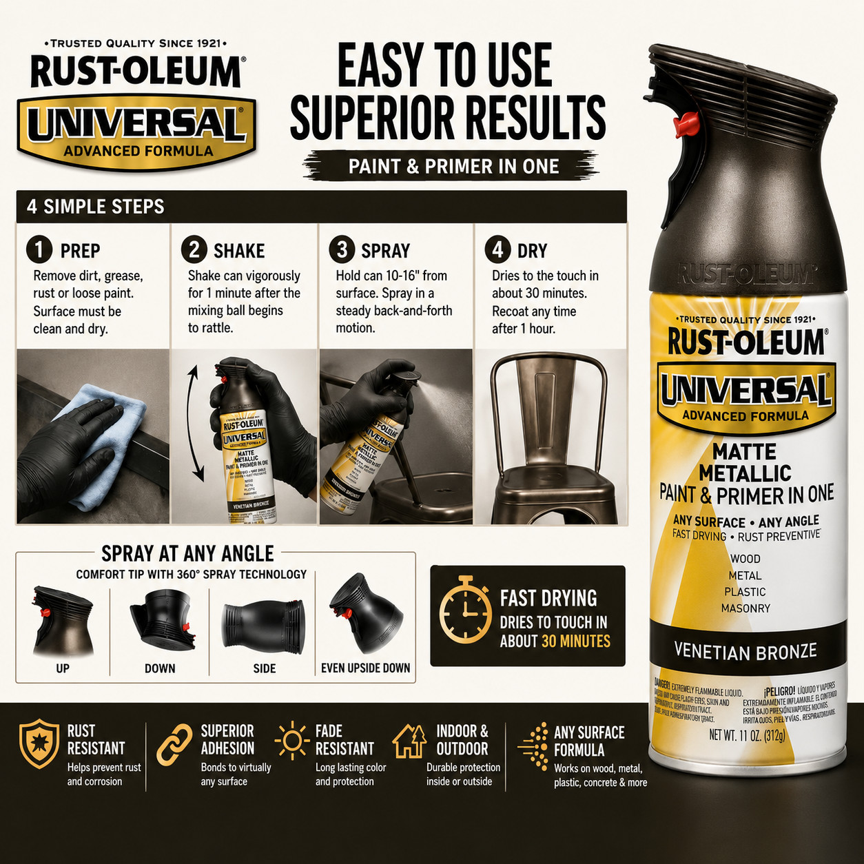 Rust-Oleum Universal Spray Paint Primer Matte Metallic Venetian Bronze 11 oz
