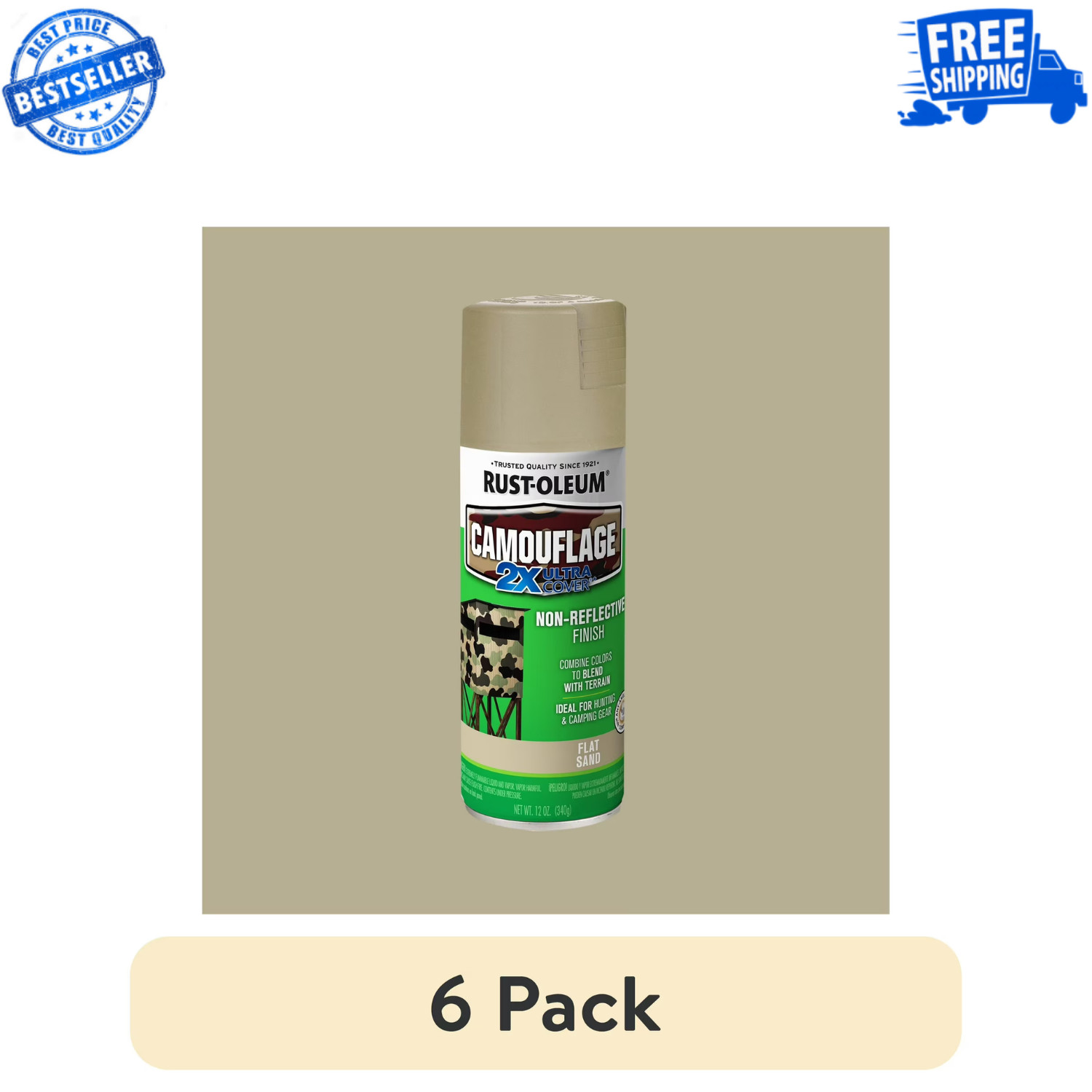 Sand, Rust-Oleum Camouflage 2X Ultra Cover Flat Spray Paint-339004, 12 oz, 6 PK