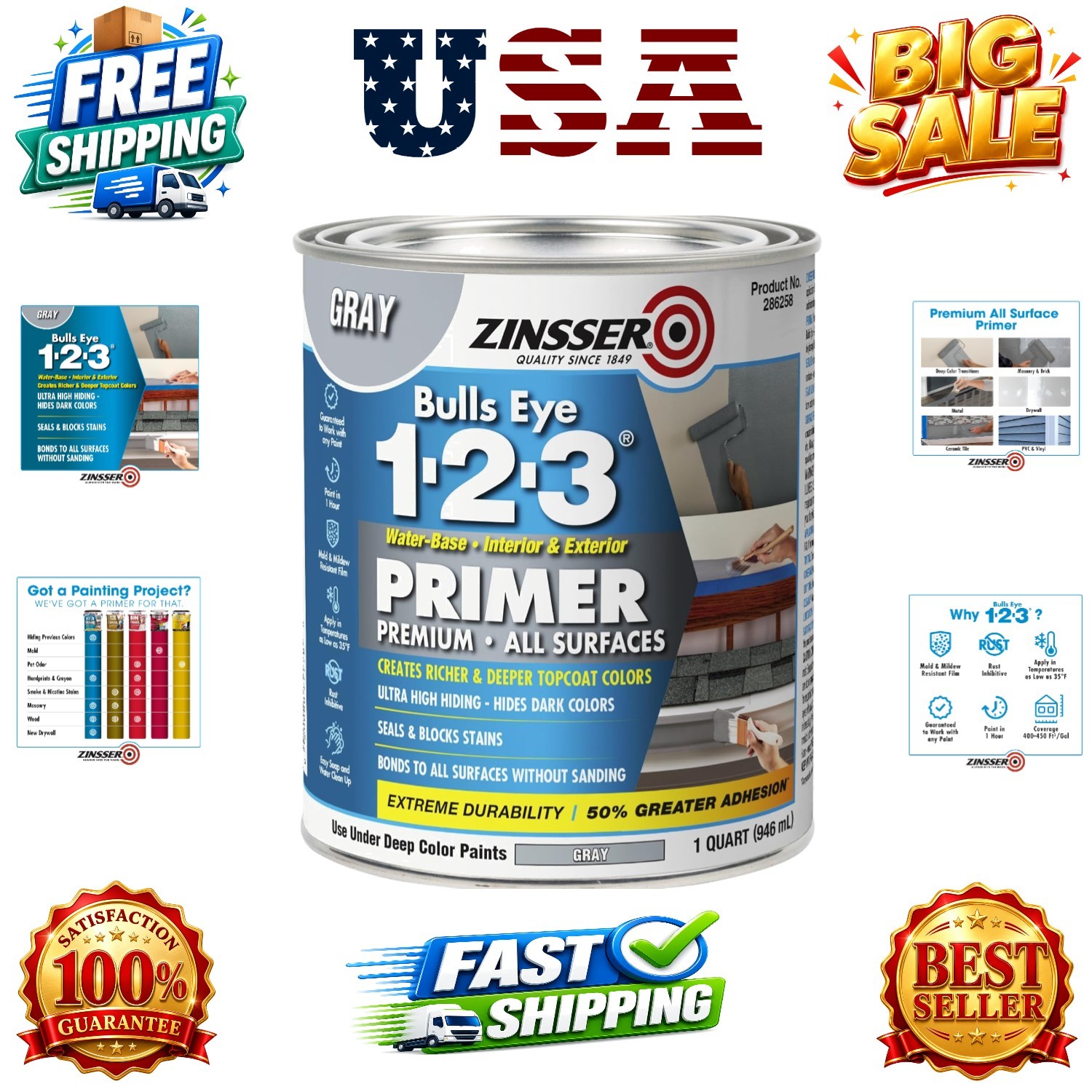 Bulls Eye 1-2-3 All Surface Primer, Quart, Gray