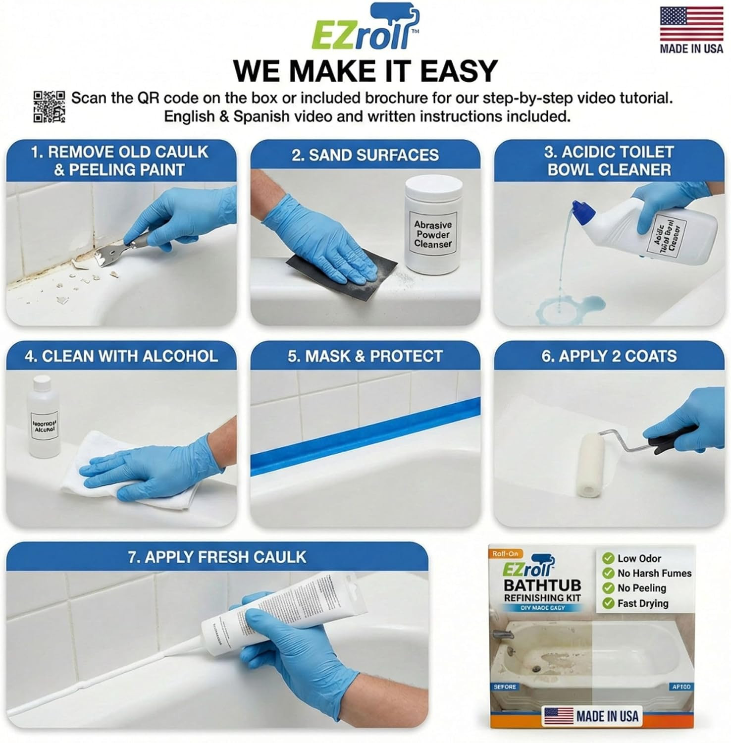 Durable Bathtub Refinishing Kit – Low Odor DIY Paint for Tubs, Tiles & Sinks