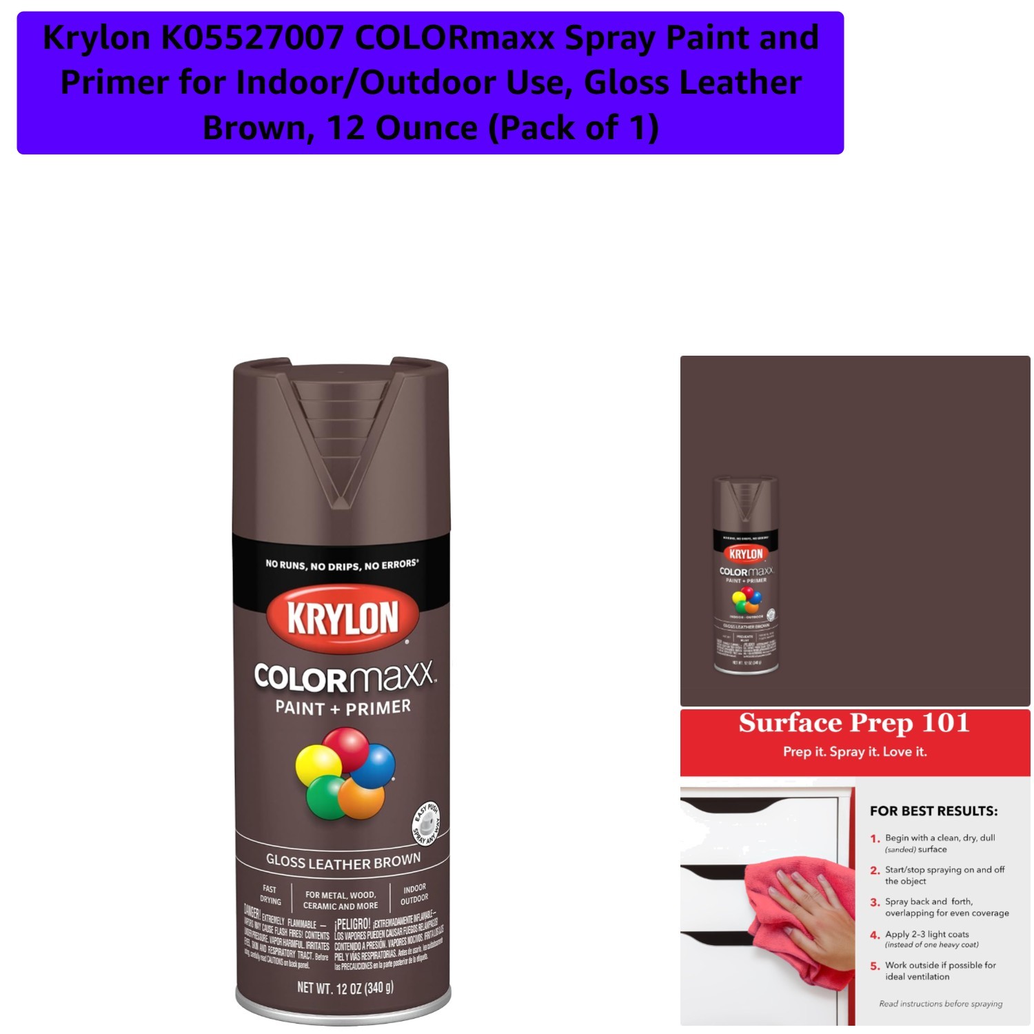 Versatile 12oz Gloss Spray Paint & Primer – Leather Brown for Indoor/Outdoor Use