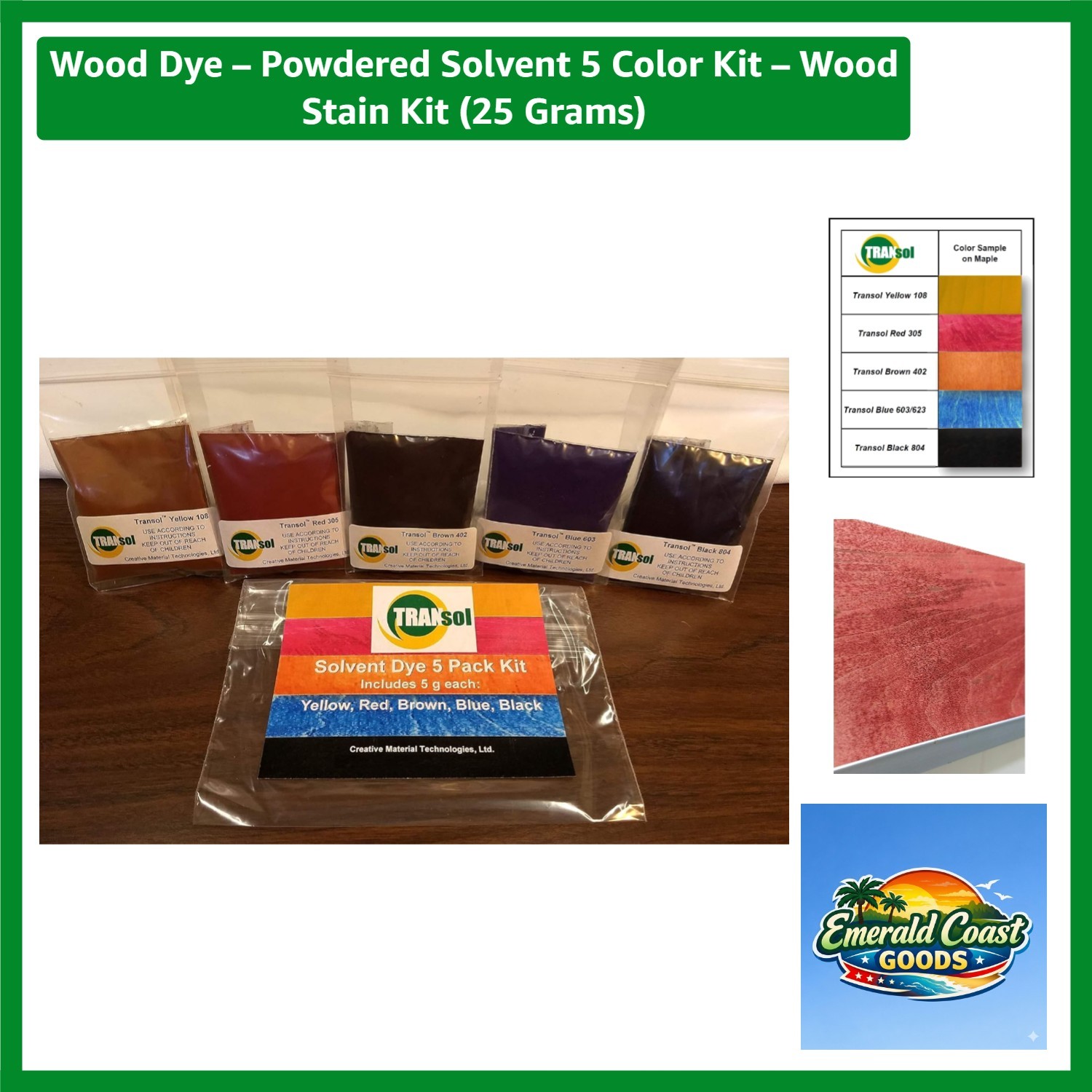 Wood Dye – Powdered Solvent 5 Color Kit – Wood Stain Kit 25 Grams