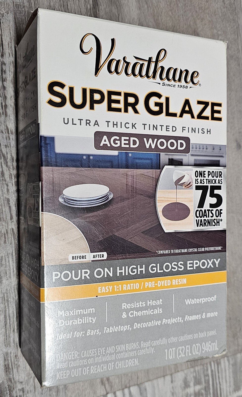 🔥Varathane Epoxy Super Glaze Pour-On High Gloss Quart Kit NEW 32 oz Aged Wood