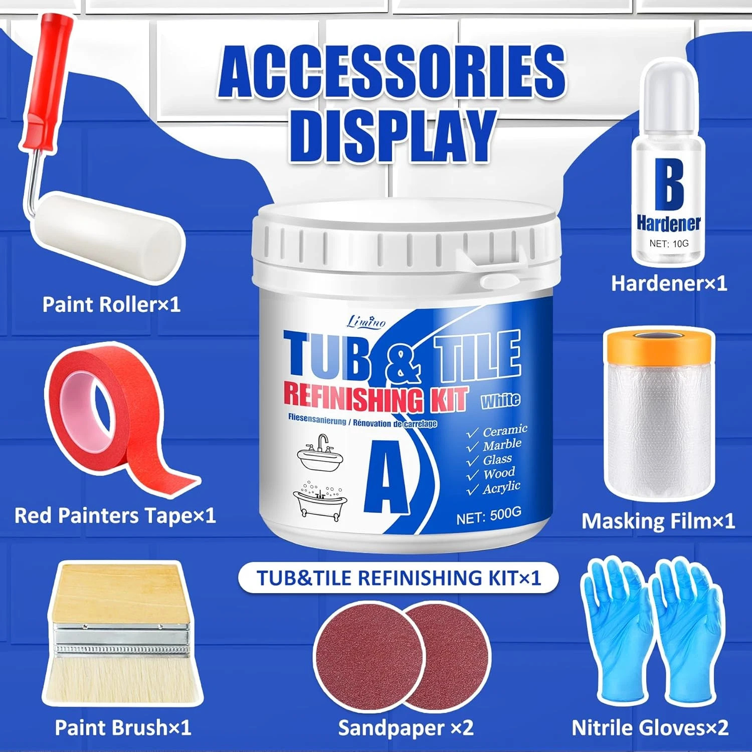 Tub and Tile Refinishing Kit – 17Oz Semi-Gloss White Tile Paint with Tools for B
