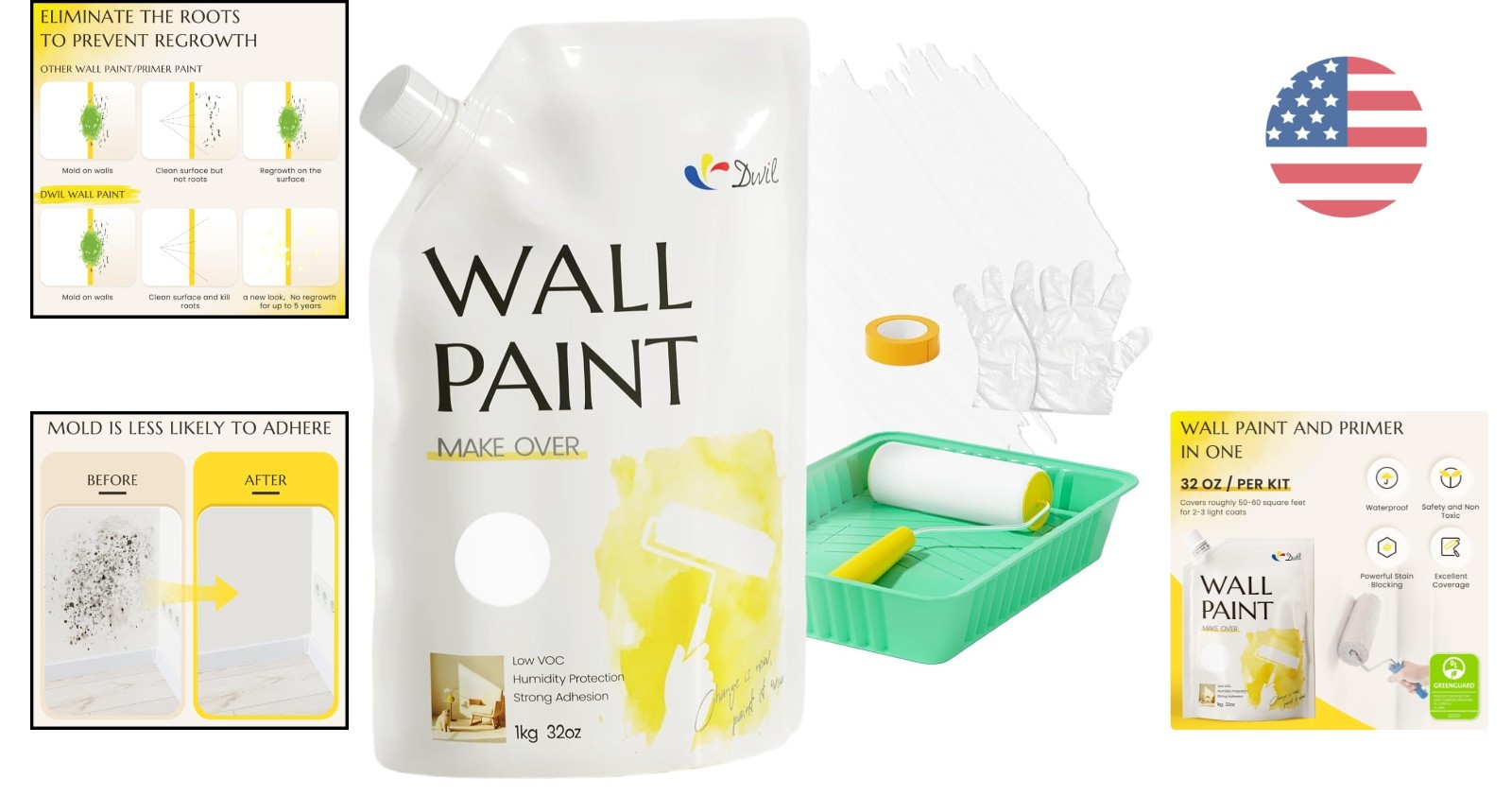 Water-Based White Ceiling Paint 32 Oz – Covers 80-86 sq.ft., Roller Kit Included