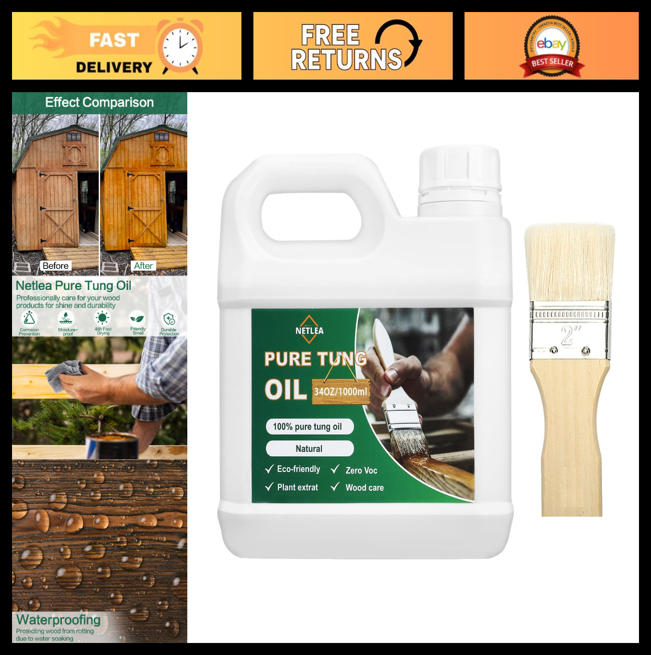 34oz Pure Tung Oil – 100% Natural Wood Finish for Furniture, Countertops & Craft