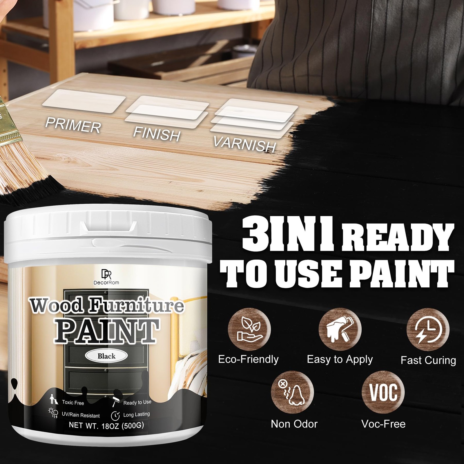 Wood Furniture Paint, 18oz Black All 18 Fl Oz (Pack of 1),