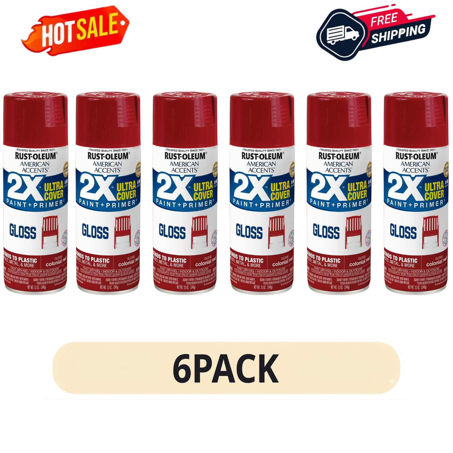 6 Pack Rust-Oleum 2X Ultra Cover Gloss Colonial Red Spray Paint 12 oz Cans
