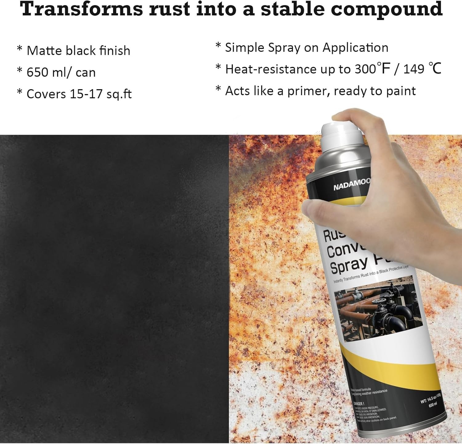 Protective Black Matte Rust Converter Spray Paint – 650ml, 15-17 Sq.ft Coverage