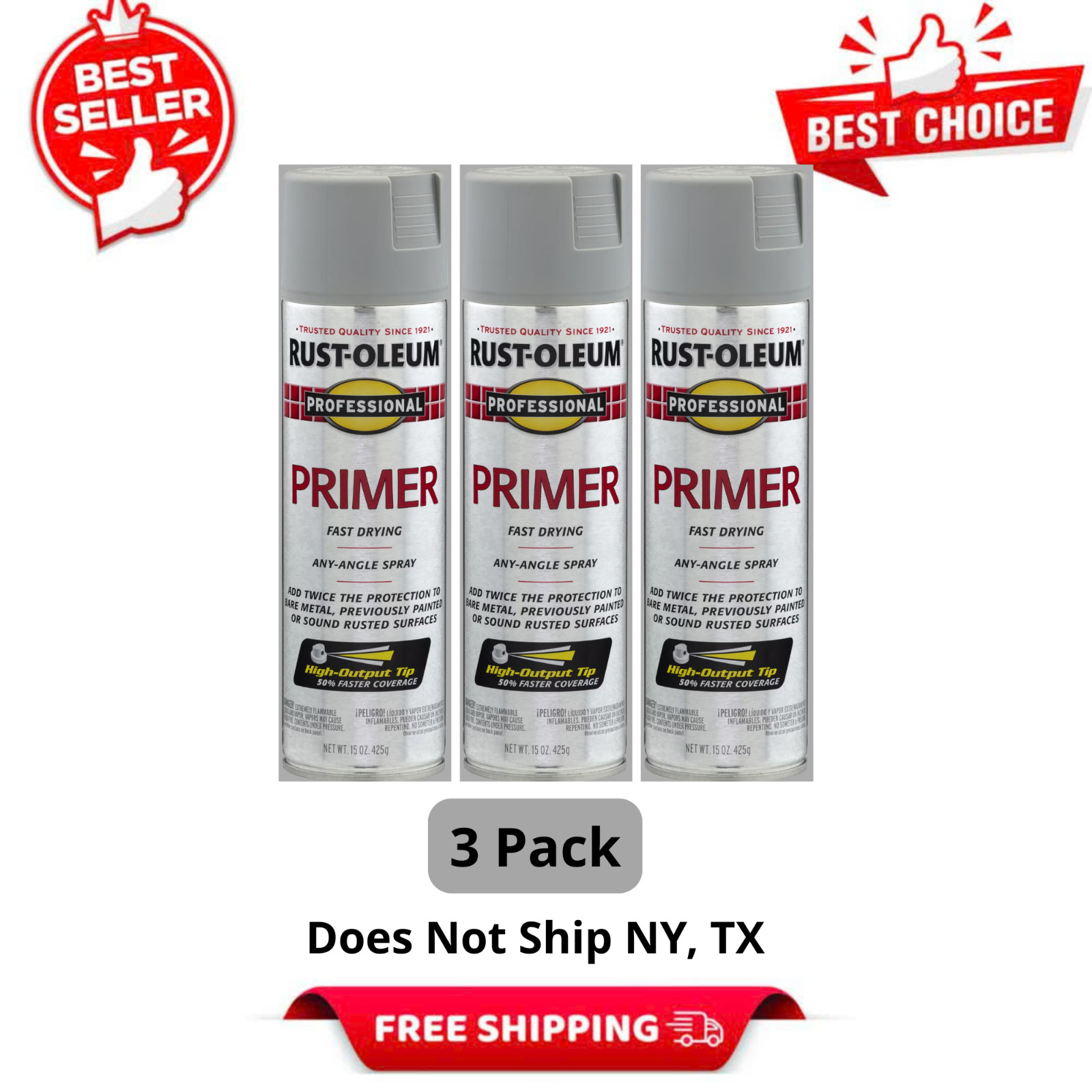 3 Pk Rust-Oleum Professional High Performance Flat Spray Paint 15 Oz, Gray Prime