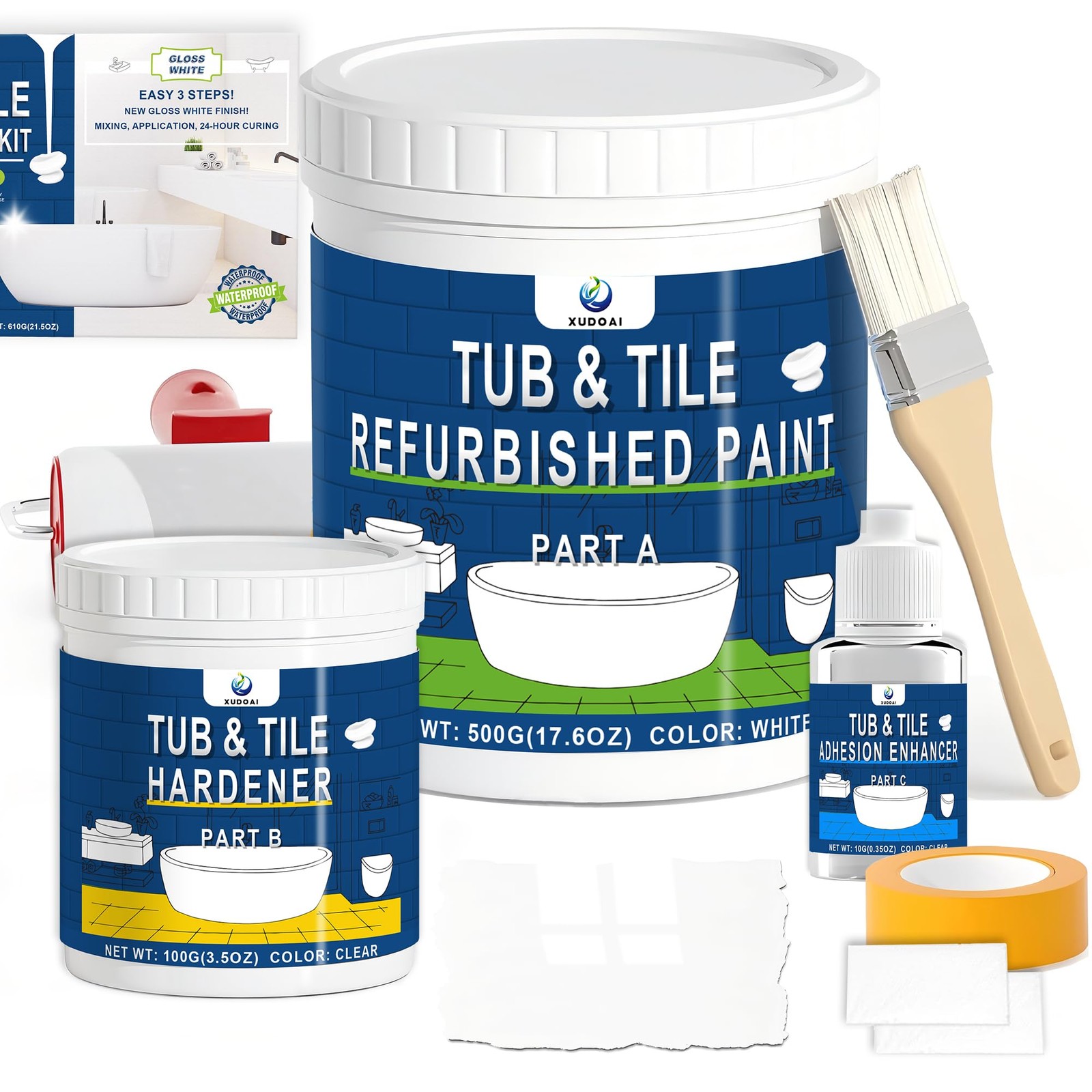 XUDOAI Bathtub Refinishing Kit Gloss White 21.5oz Tub Paint Reglazing, Tub an…