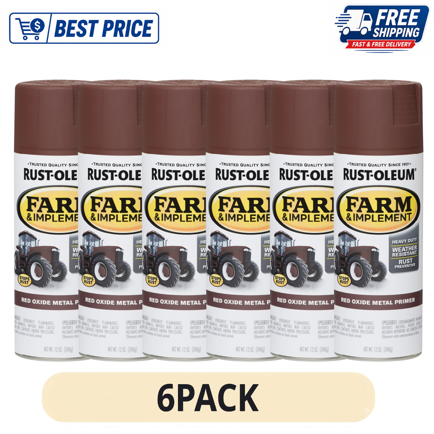 6 Pack Rust-Oleum Farm & Implement Red Oxide Flat Primer Spray 12 oz