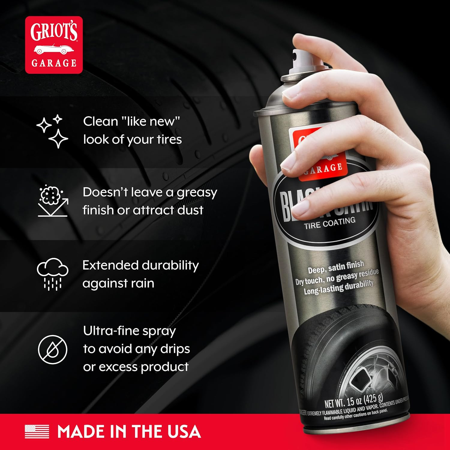 Black Satin Tire Coating, Provides a Low-Gloss, Satin Finish, Non-Greasy, Long-L