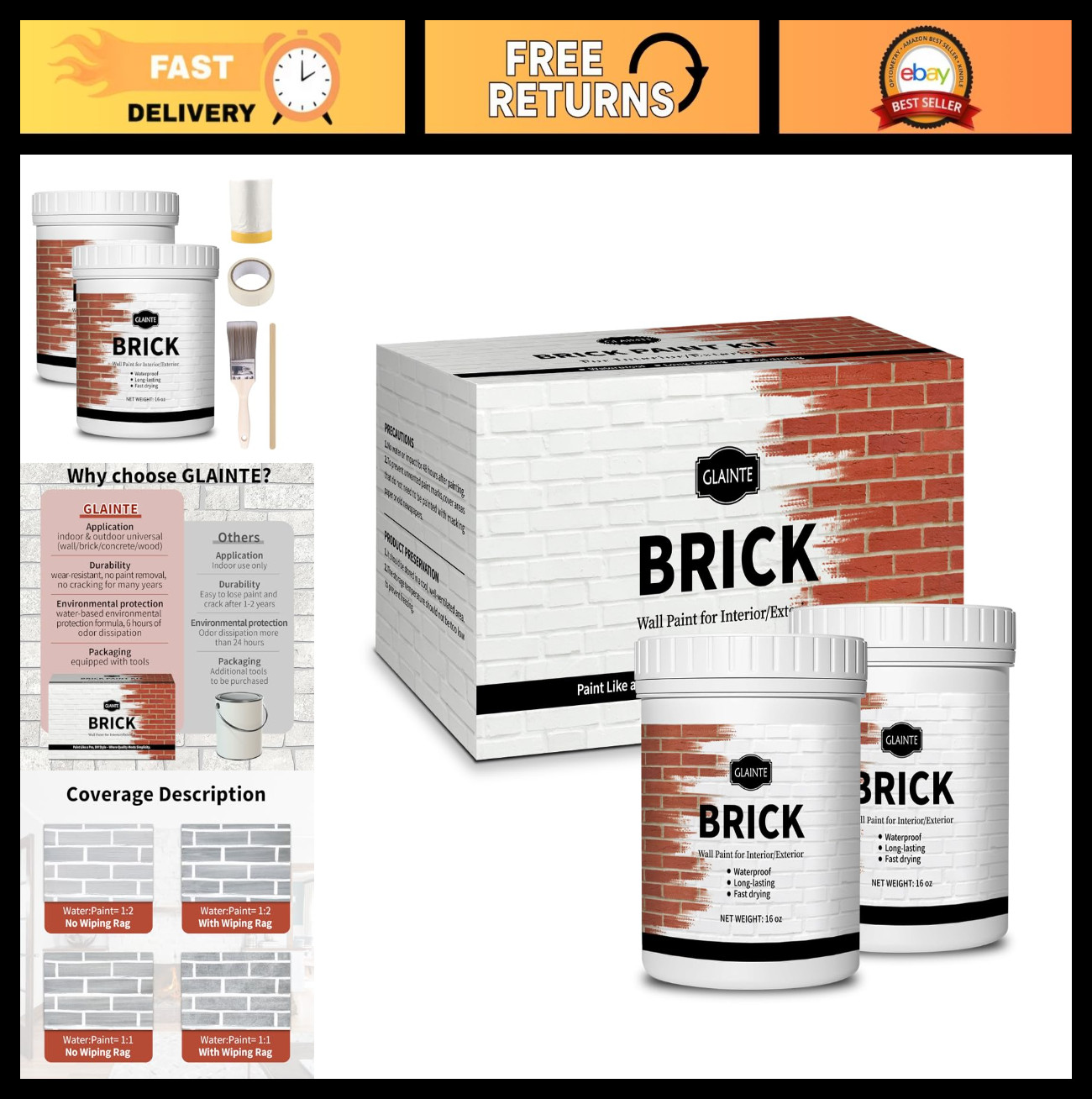Brick Transformation Paint for Fireplaces, Walls & Concrete – 32 oz Kit, White,