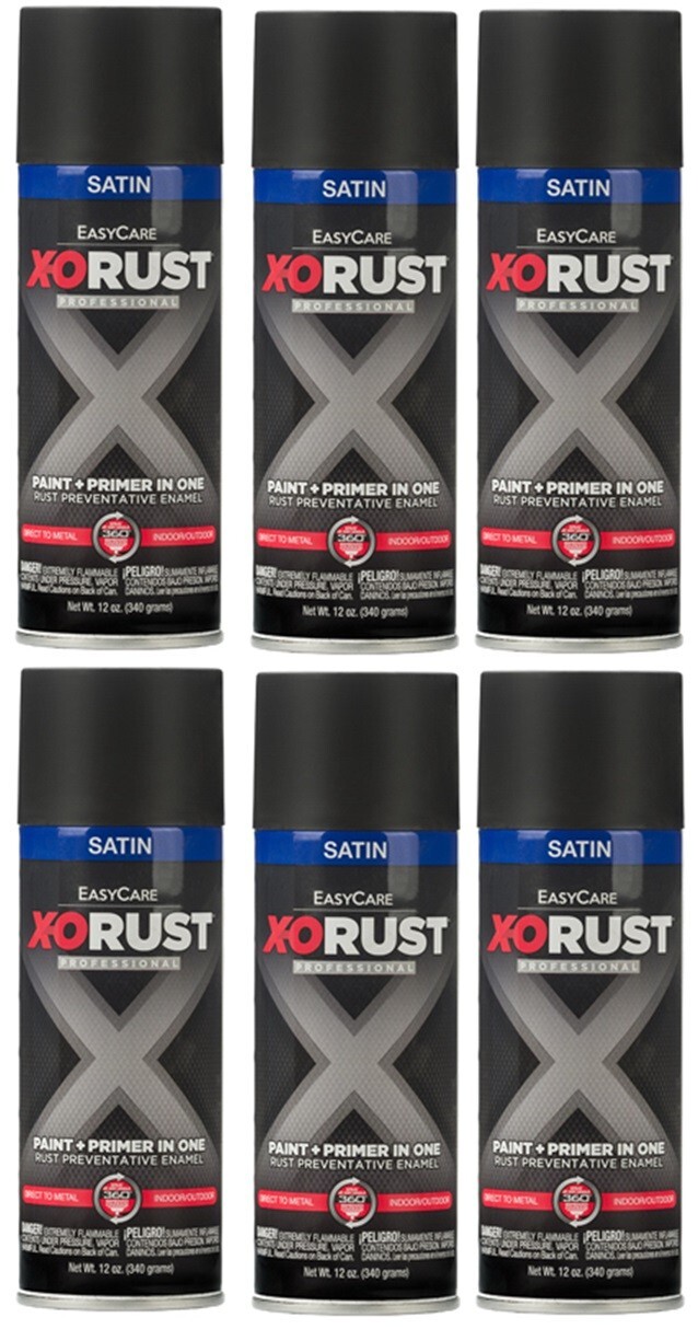X-O Rust XOP18-AER Satin Black Anti-Rust Enamel Spray Paint + Primer – 6 Pack