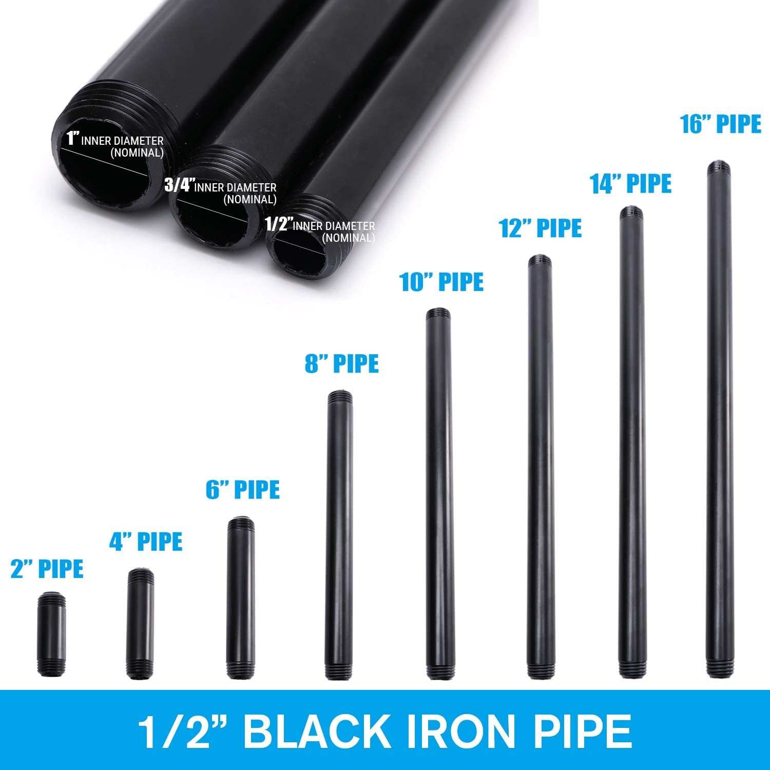 1/2″ X12″ Black Painted Iron Pipe, 10 Pack Threaded Black Paint Finish Metal Pi