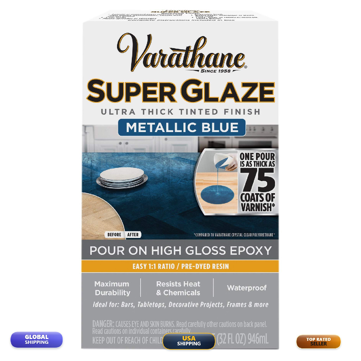 Varathane 370905 Super Glaze Pour-On High Gloss Epoxy Quart Metallic Blue