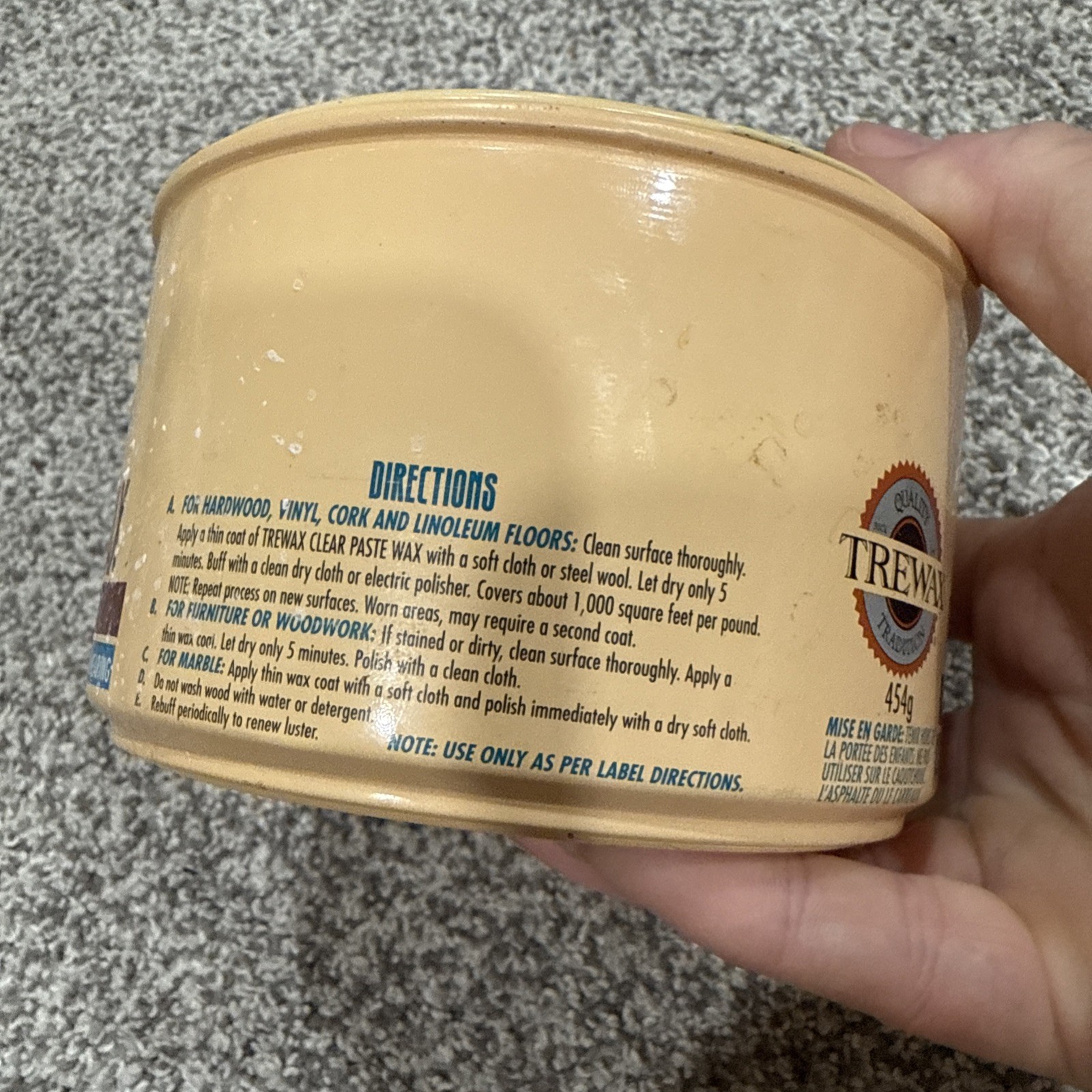 Trewax Clear Carnauba Wax Paste 1995 Wood Floor Furniture Polish Restore USA