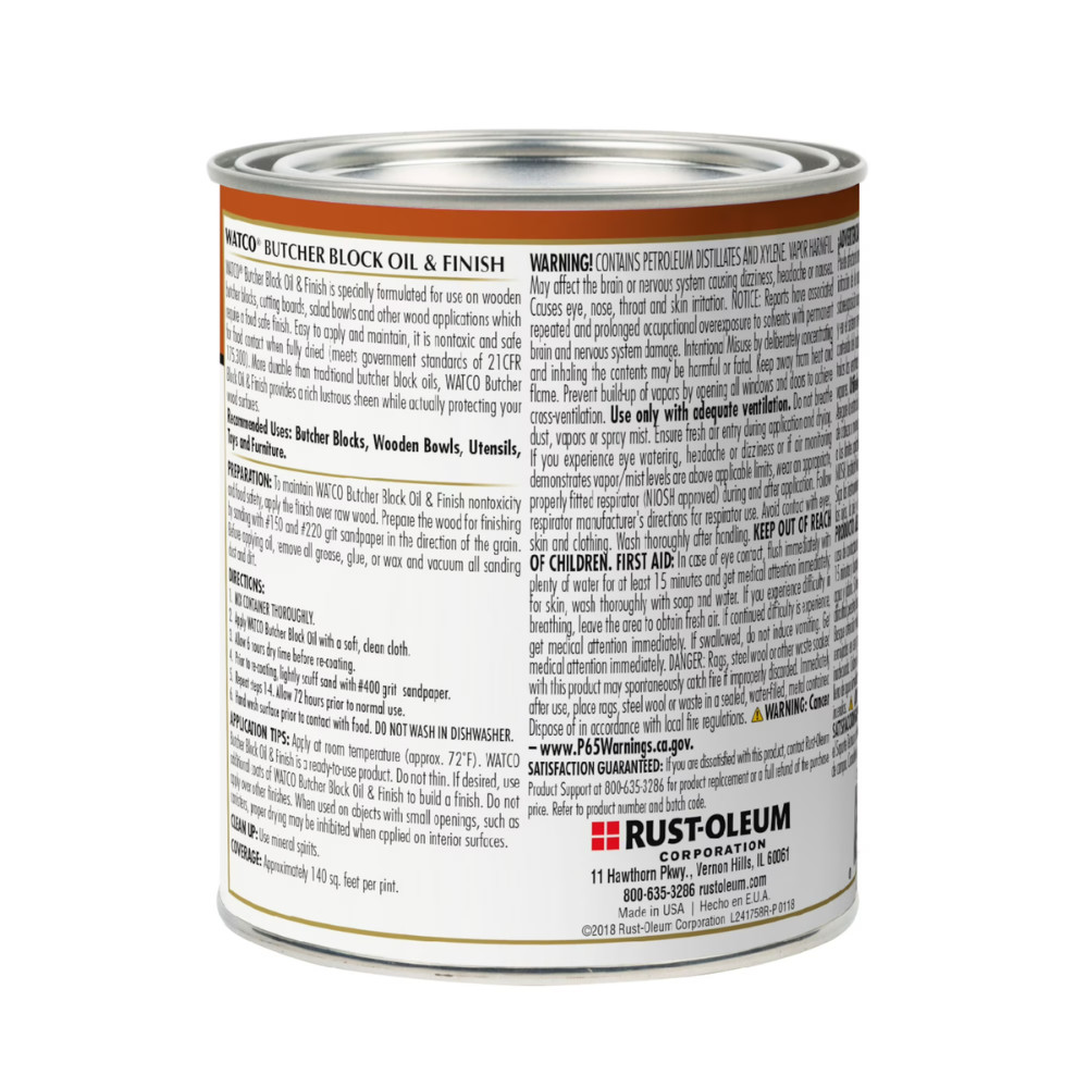 2 Pack Rust-Oleum Watco Butcher Block Oil, Clear, Wood Finish, Food Safe, 16 oz