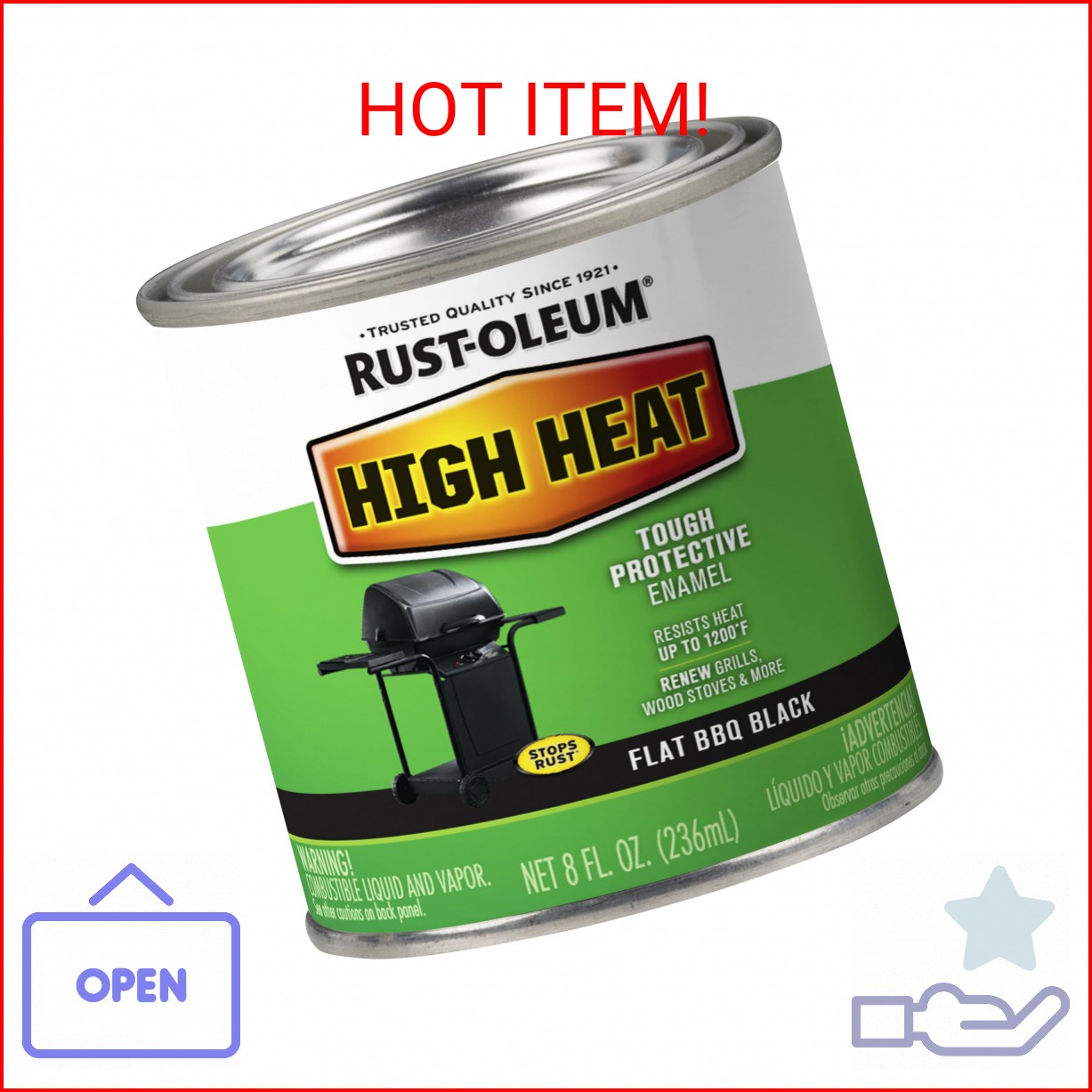 Rust-Oleum 7778730 High Heat Brush Protective Enamel Paint, Half Pint, Flat BBQ