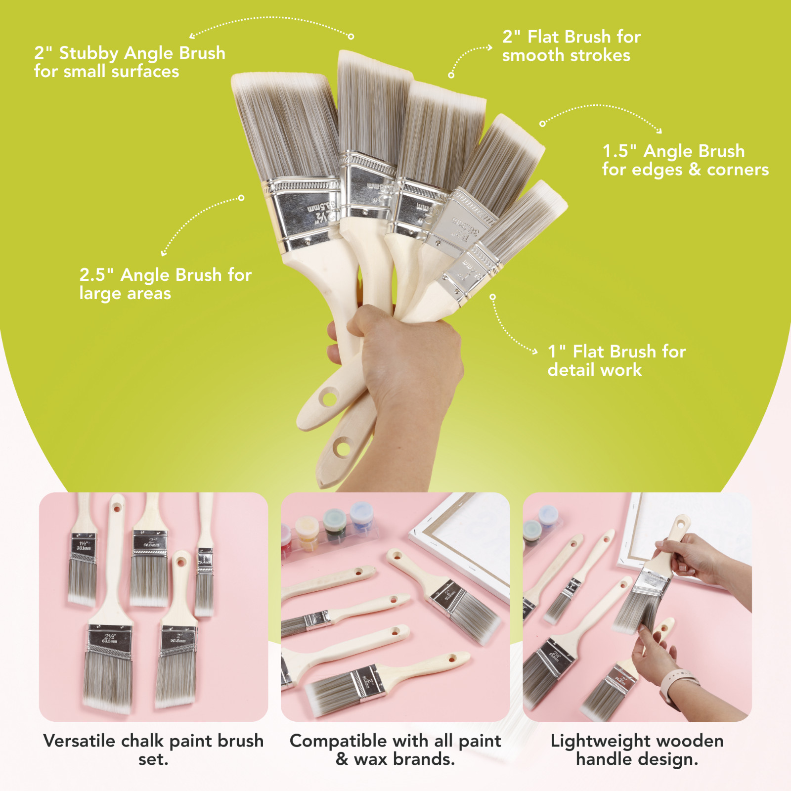Incraftables Chalk Paint Brush Set 5pc, Specialty Brushes for Furniture Paint