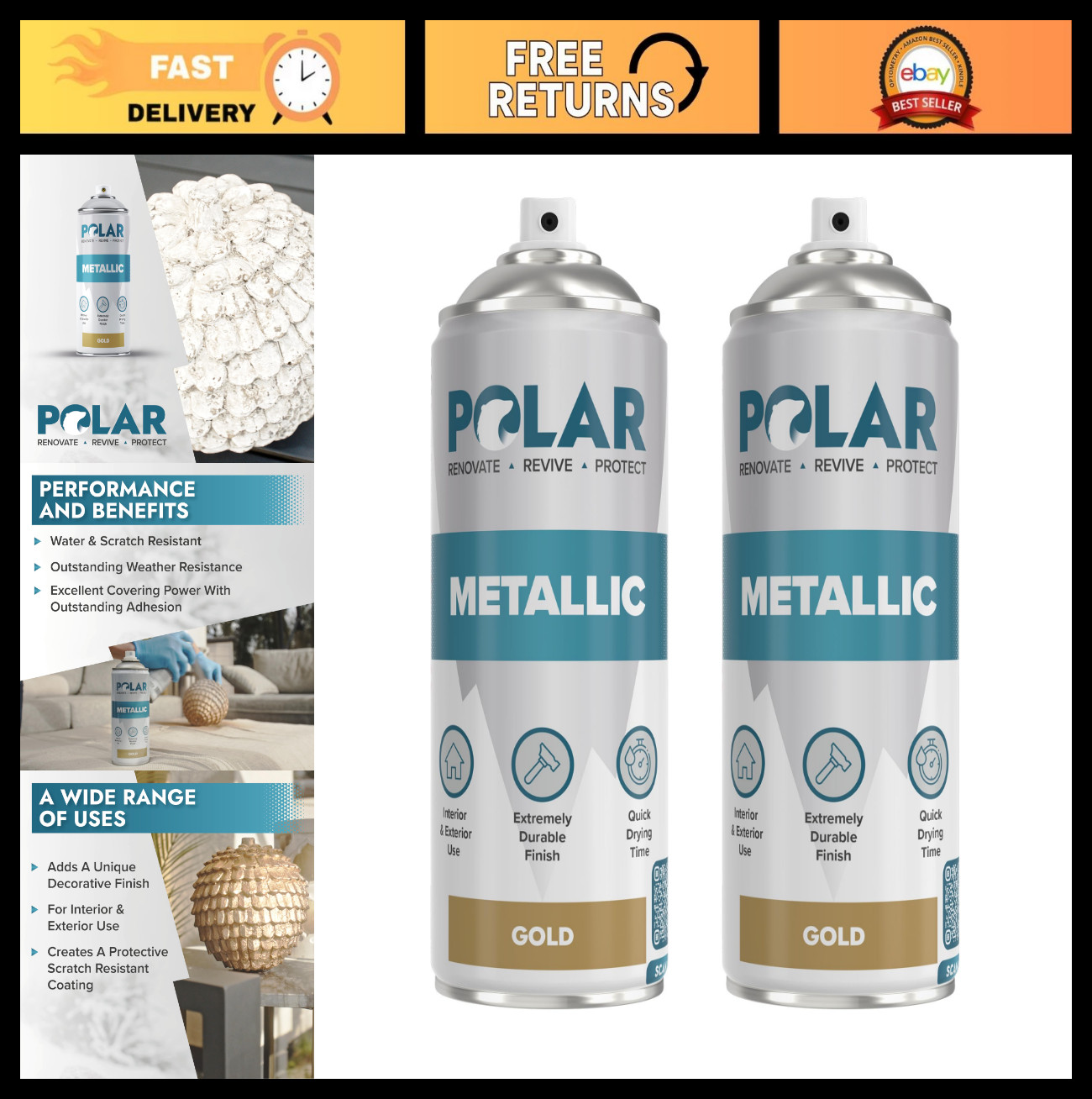 Metallic Gold Spray Paint – 2 x 13.5 Fl Oz | Quick Drying, Multi-Purpose for Met