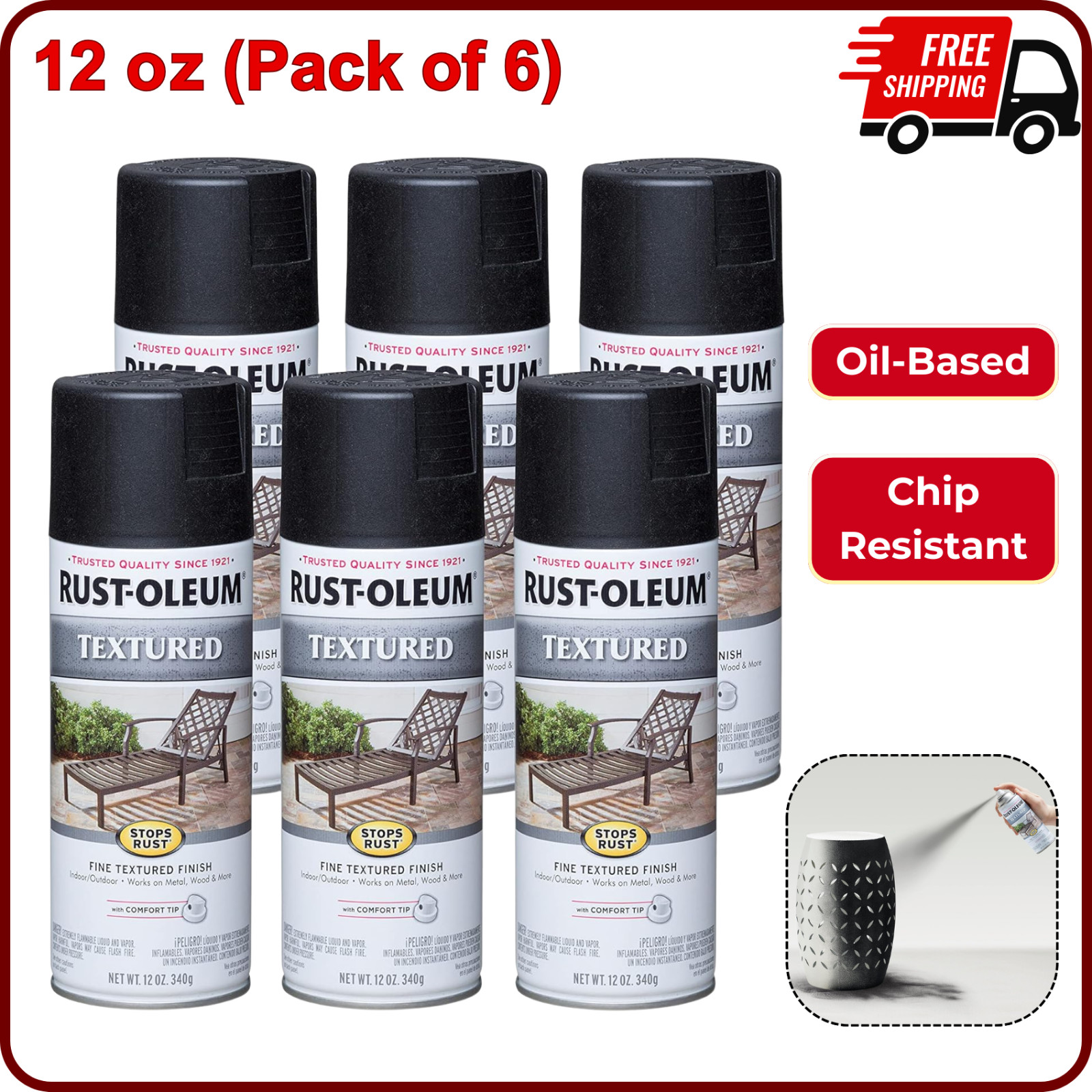 Rust-Oleum 7220830-6PK Stops Rust Textured Spray Paint, Black, 12 oz – 6 Pack