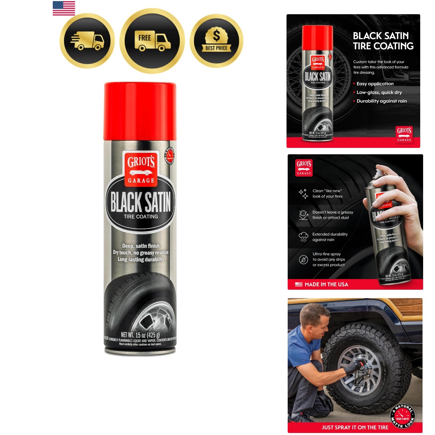 Black Satin Tire Coating, Provides a Low-Gloss, Satin Finish, Non-Greasy, Lon…