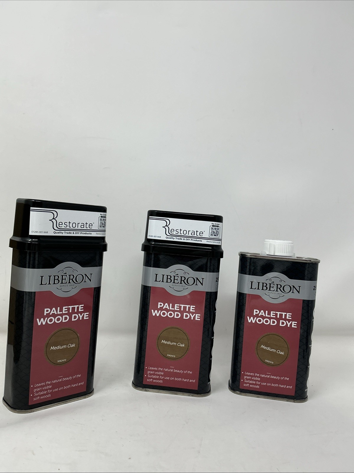 lot Of 3 Liberon Palette Wood Dye Water-Based Medium Oak 250ml Tin