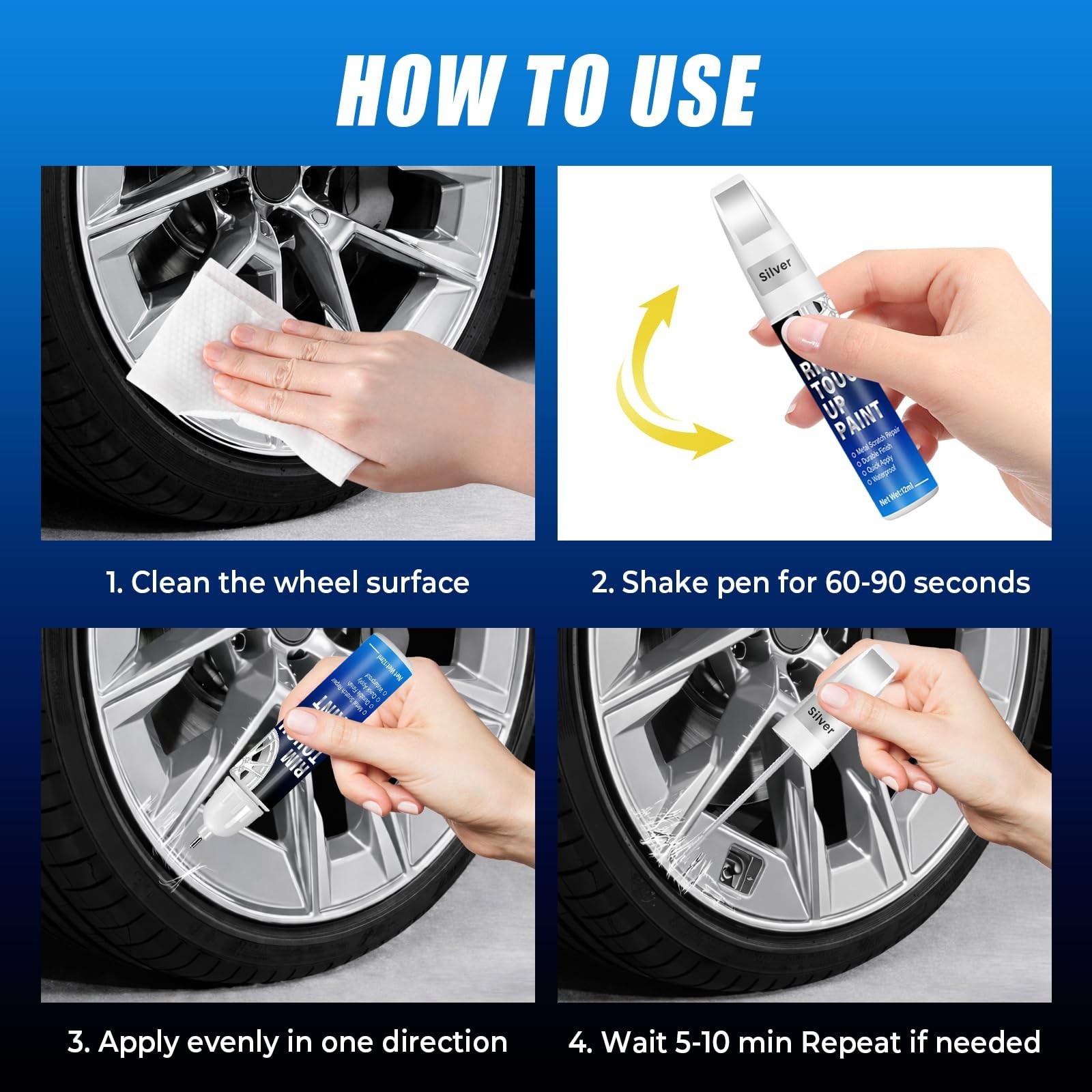 Universal Silver Rim Touch Up Paint – 2-in-1 Brush & Tip, 0.4 fl oz, Quick-Dry C