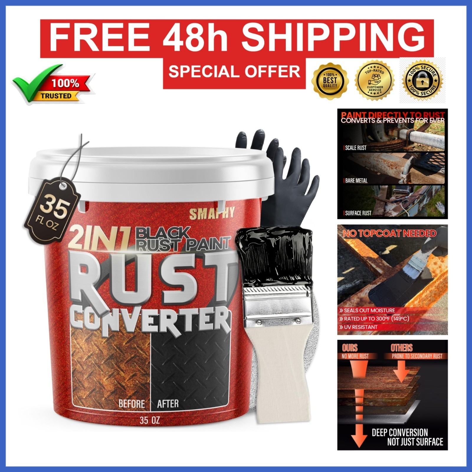2 in 1 Rust Converter Paint & Metal Primer – 35 oz Matte Black