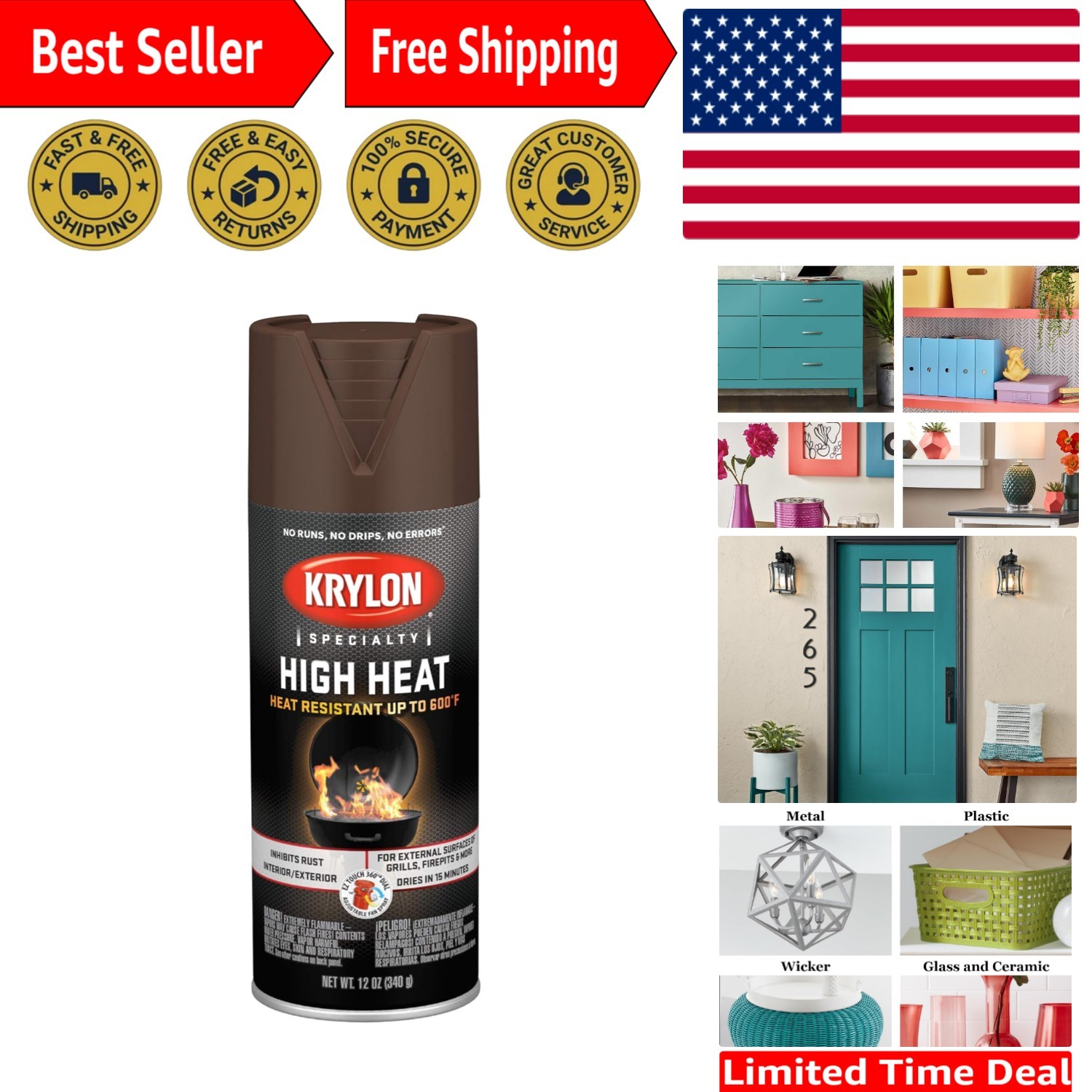 Krylon 12 Oz High Heat Resistant Spray Paint – Flat Brown Finish, Outdoor Use