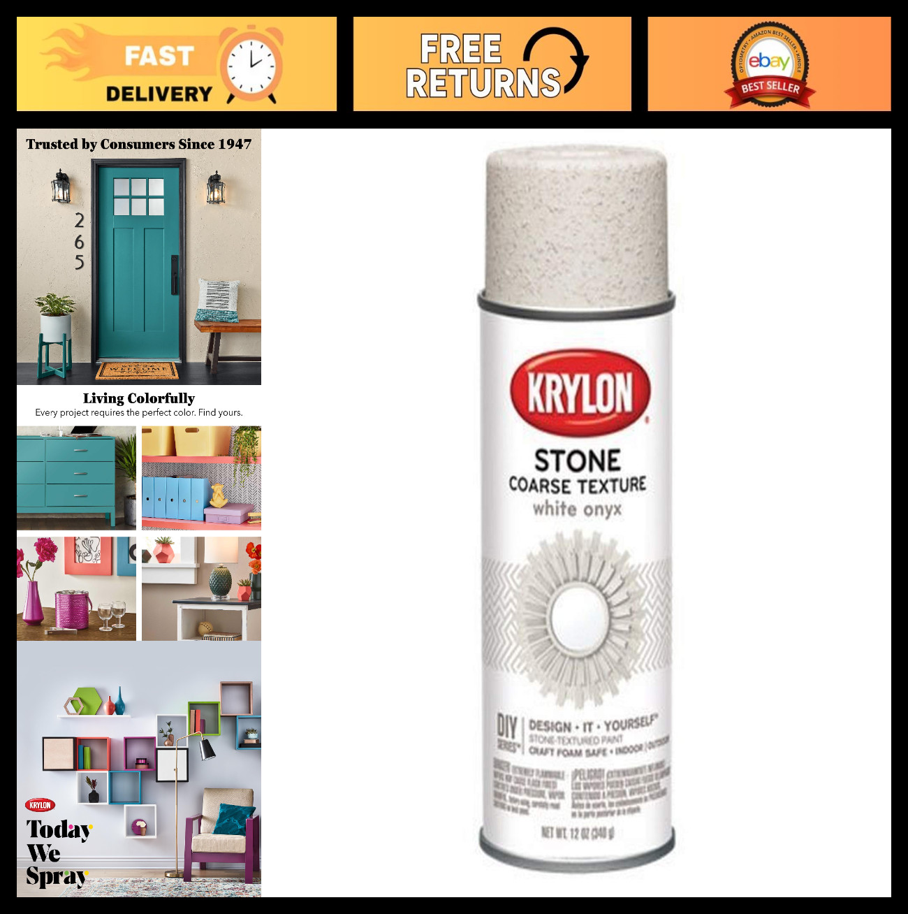 Coarse Stone Textured Spray Paint, White Onyx, 12 oz – Durable Finish for Crafts