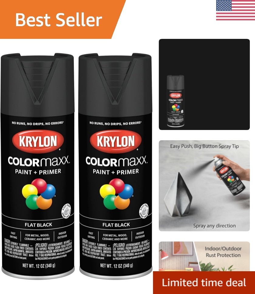Flat Black COLORmaxx Spray Paint and Primer, 12oz Cans – Quick Drying & Durable