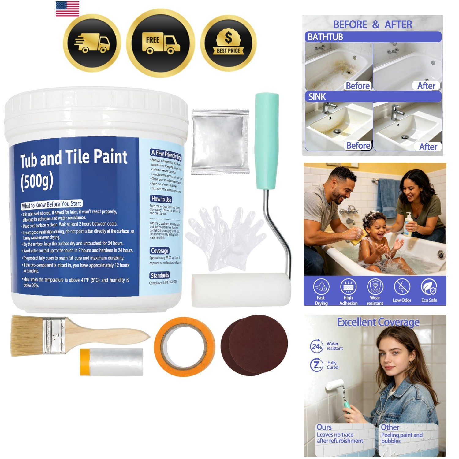 Tile Paint Kit Bath Tub Sink Wall Refinishing 17.6oz White Gloss