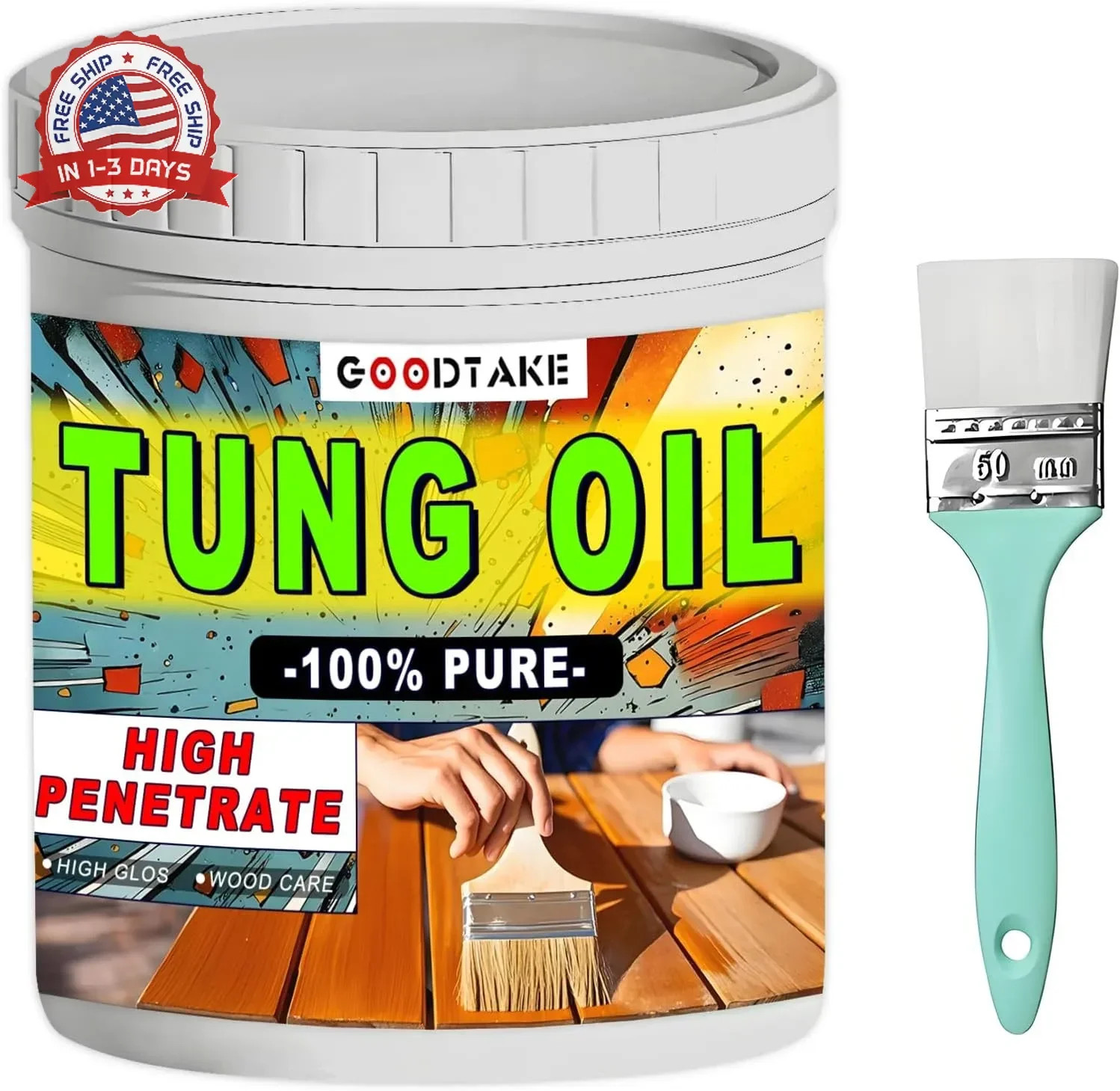 GOODTAKE Pure Tung Oil, Premium Tung Oil Finish with Brush, Pure Tung Oil Wood S