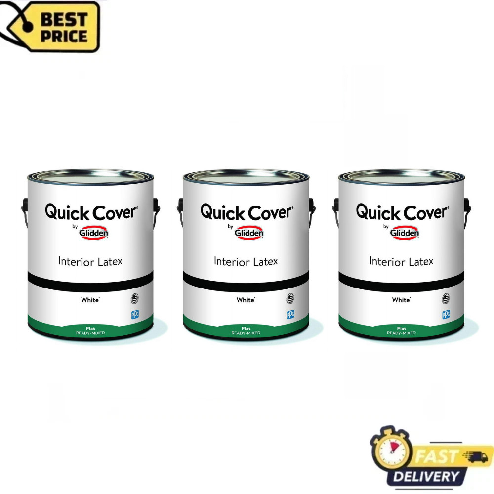 3Pack Glidden Quick Cover Interior Latex Paint, Flat White, 1 Gallon, Wall Paint