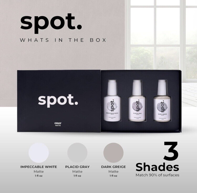 spot. Matte Finish Touch Up-Paint, Grey + White 3 Shades Pack (98% Full)